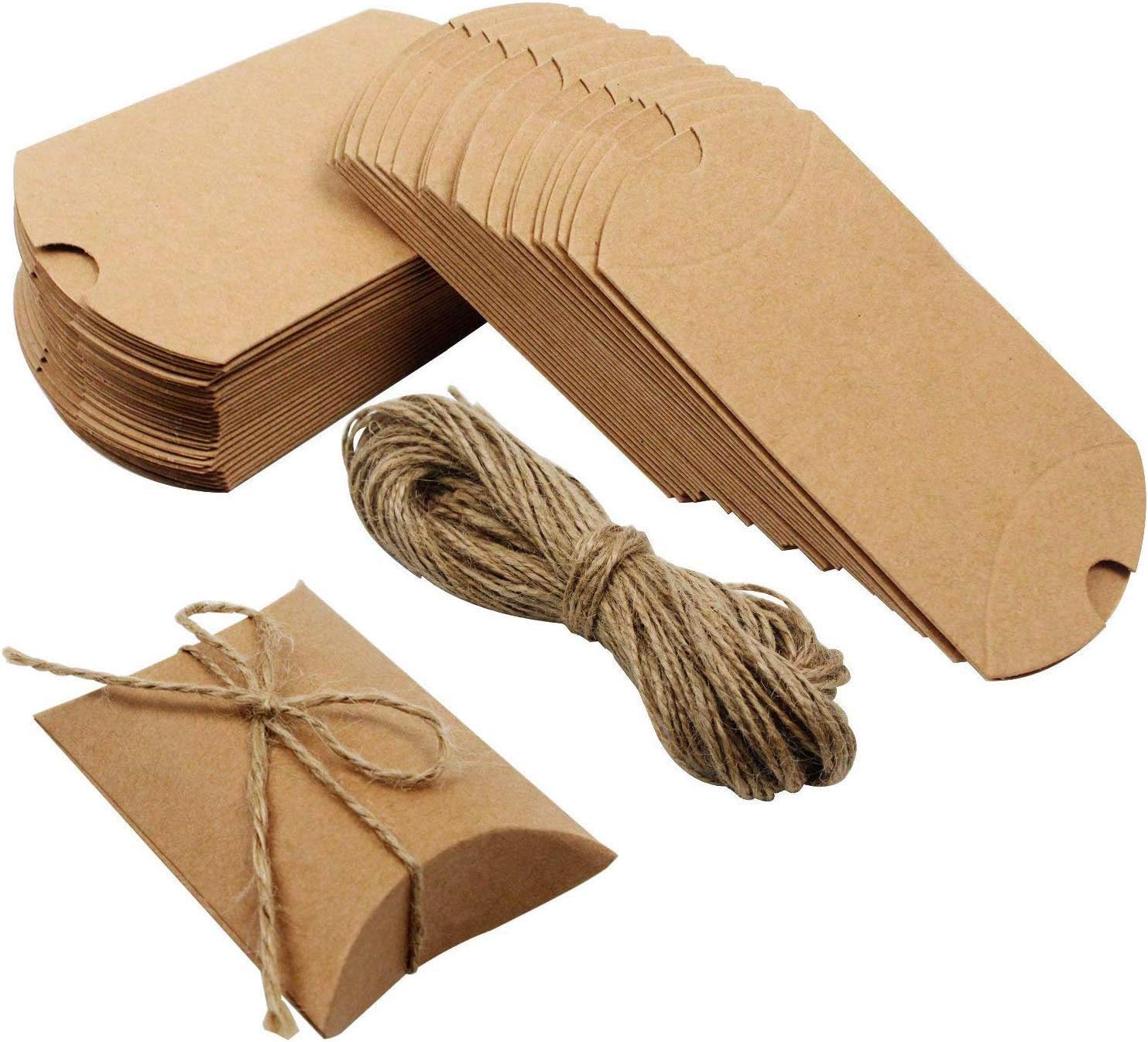 Outuxed Kraft Pillow Boxes 100pcs Small Gift Boxes, 3.5 x 2.8 Inches Mini Favor Boxes for Packaging Small Business, Soap, Jewelry and Wedding Party with 100pcs Jute Twine