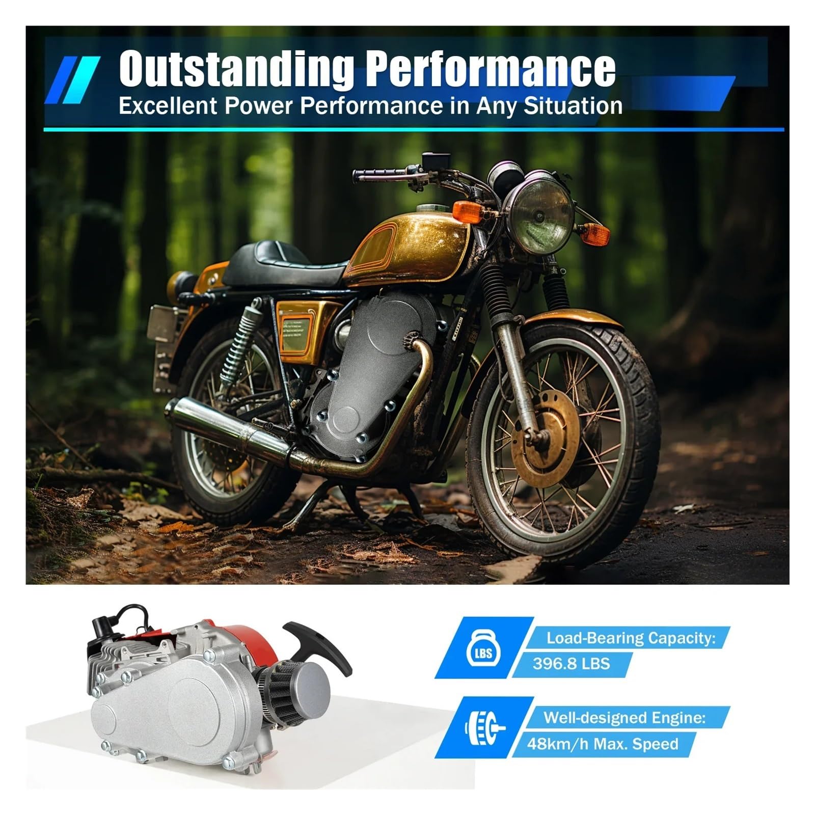 Motor De Gasolina 49 CC, 2 Tiempos, Arranque Manual, 48 Km/h, Refrigerado por Aire, Transmisión CVT. Ideal For Minimotos, Bicicletas Playa Y Cuatrimotos Rendimiento Potente