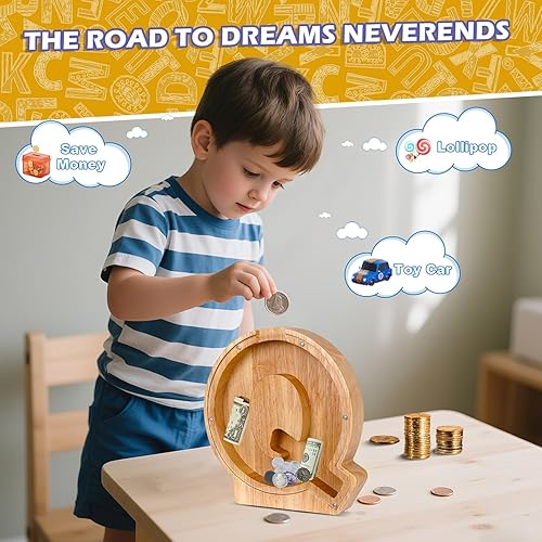 Miniatura 9 de CCHKFEI - Alcancía de madera personalizada, tarro de monedas personalizado, alcancía creativa de 26 letras, tarro de almacenamiento para niños,