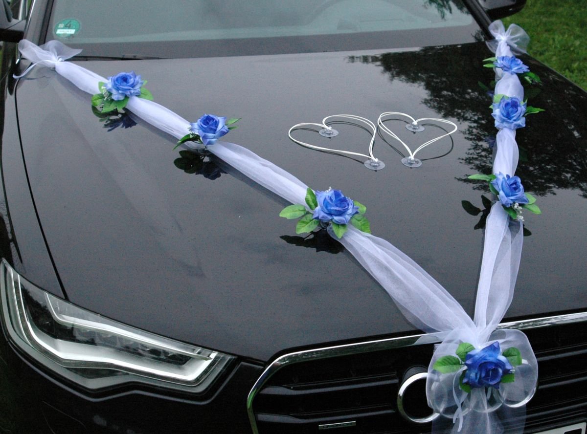 ORGANZA M + HERZEN Braut Paar Rose Deko Dekoration Autoschmuck Hochzeit Car Auto Wedding Deko Ratan Girlande ®Auto-schmuck PKW (Hellblau/Weiß/Weiß) - Image 4