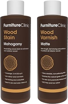 Furniture Clinic 8.5oz Mahogany Wood Stain + 250ml Matte Wood Varnish | Water Based | Fast Drying, Low Odor, Non-Toxic | for Indoor & Outdoor Furniture and More