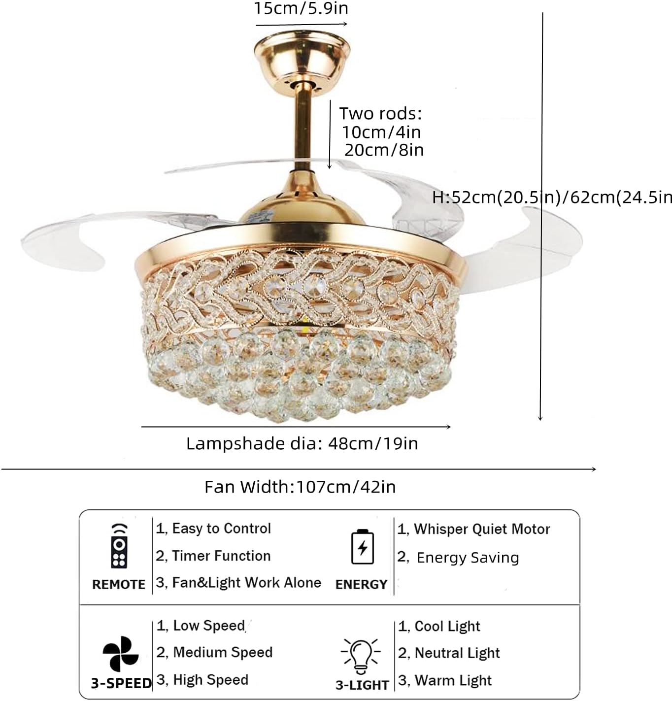 Ruiwing 42" Crystal Ceiling Fan with Light Modern Chandelier Retractable Blades Fandelier Remote Control 3 Speeds 3 Colors Silent Ceiling Lighting Fixture for Living Room Bedroom Kitchen