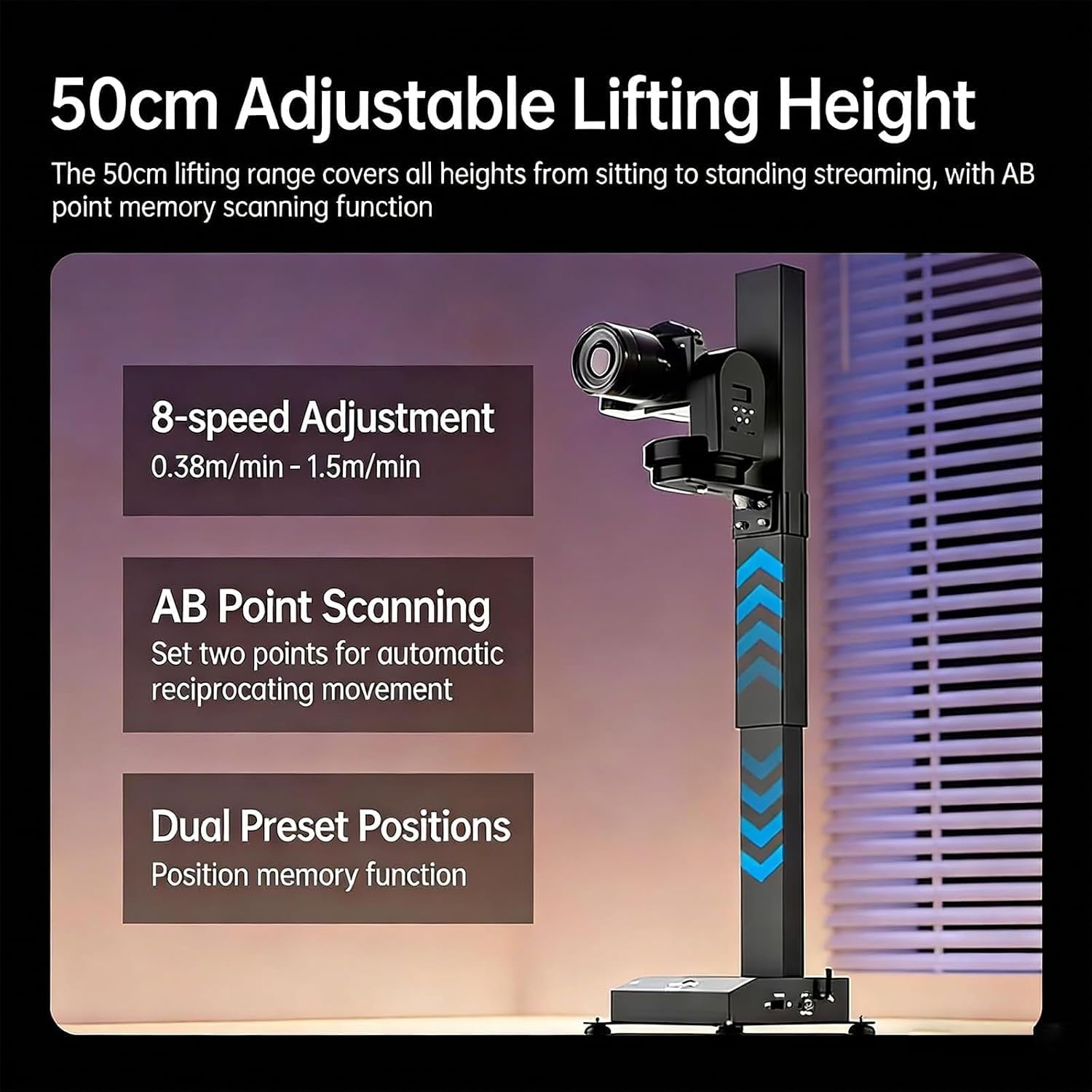 Slider motorizzato per fotocamera, con telecomando, sollevamento automatico pan-tilt, 10 altezze preimpostate, capacità di carico 10 kg, per fotografia di still life di prodotti.