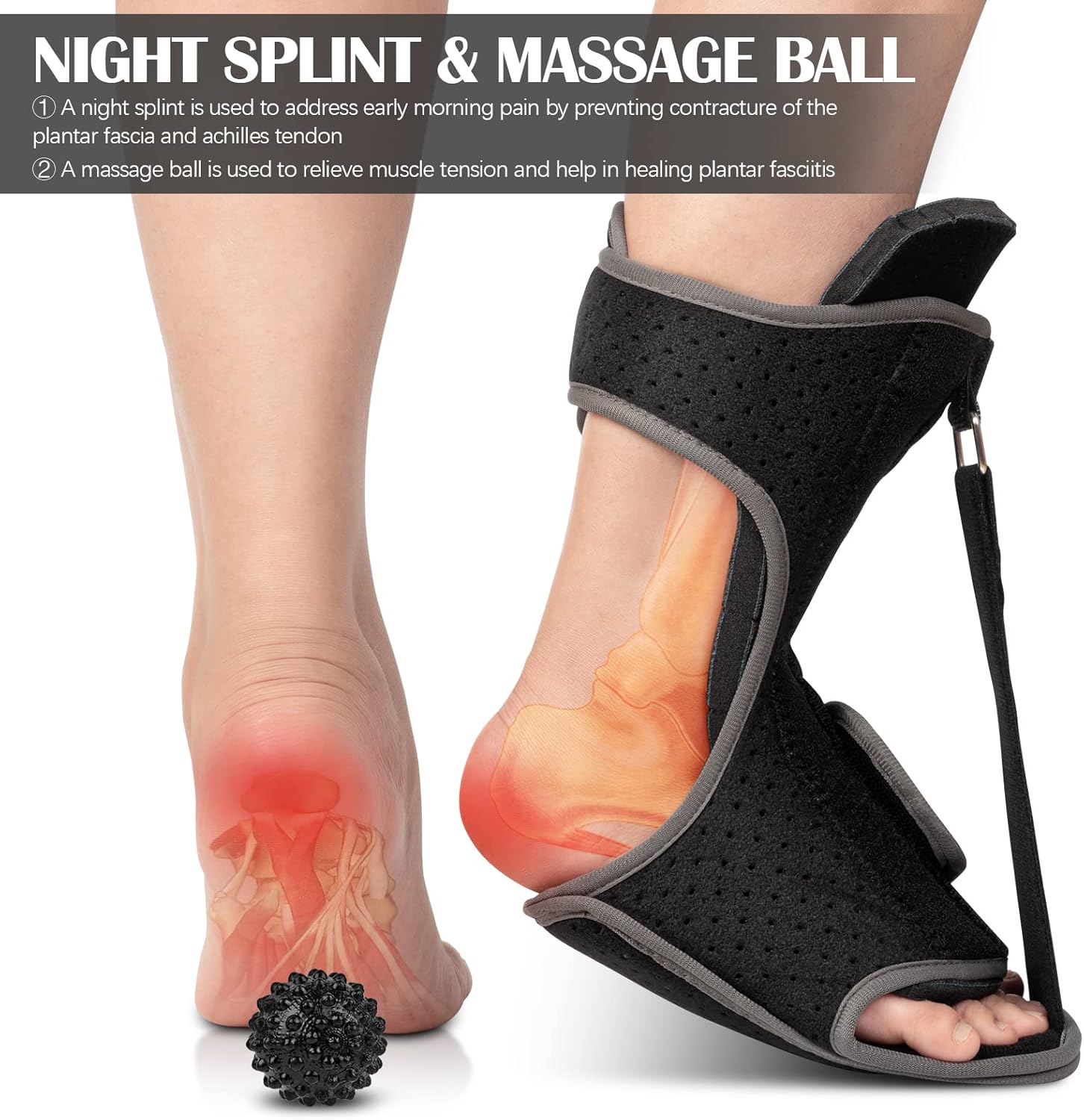 Plantar Fasciitis Night Splint: Newly Designed Foot Brace with A Massage Ball for Plantar Fasciitis & Achilles Tendonitis Relief | Foot Drop Support for Heel Spur Arch Ankle Pain for Men & Women : Everything Else