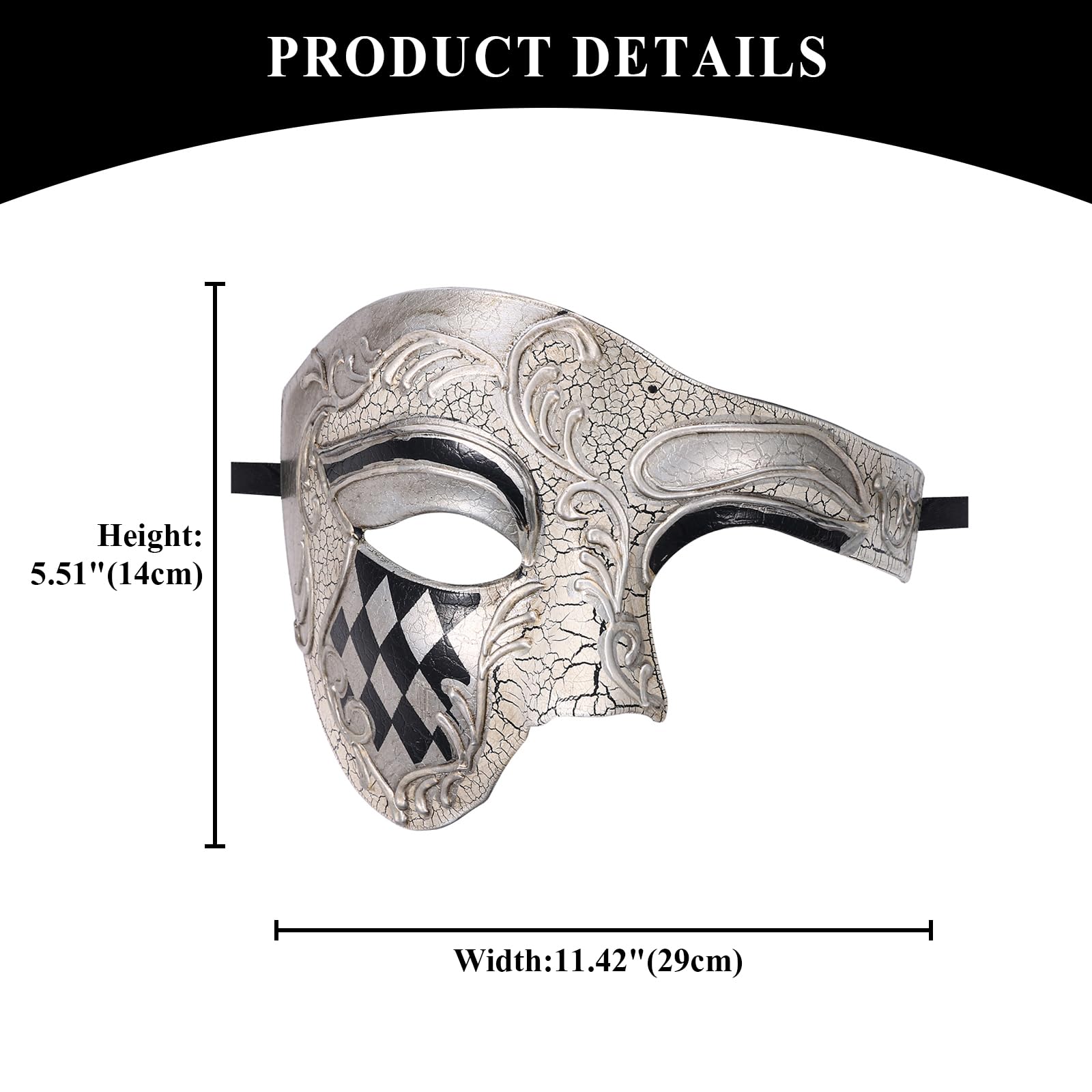 Oidea Masquerade Mask for Men: Vintage One Eyed Half Face Masks Phantom Of The Opera Mask for Halloween Mardi Gras Carnival Venetian Costume Prom Party White - Image 3