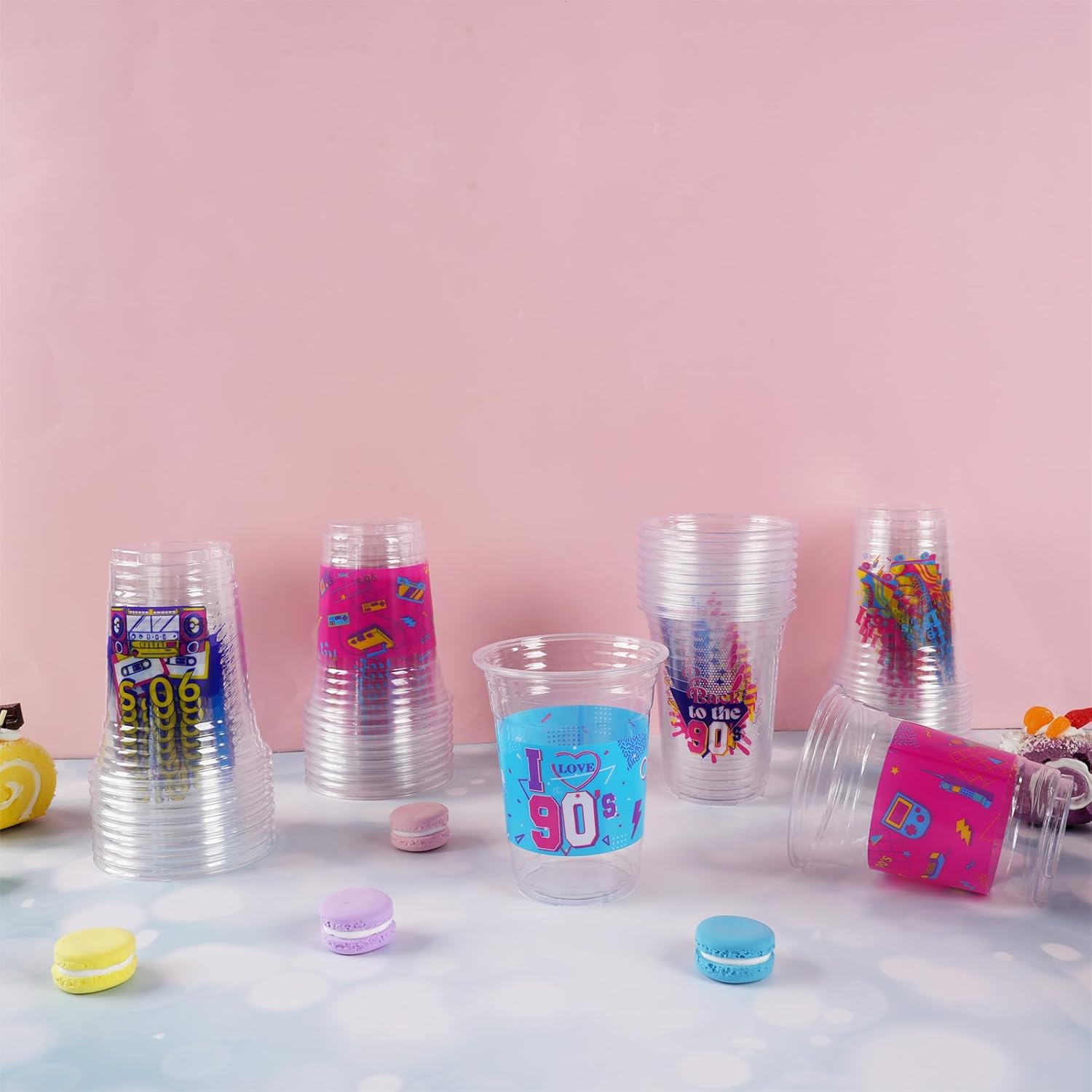 90s Theme Party Decoration Cups, 100 Pcs 16 OZ Disposable Plastic Cups for Retro Music Hip Hop Throwback Dance Back to 90's Birthday Party Favor Supplies