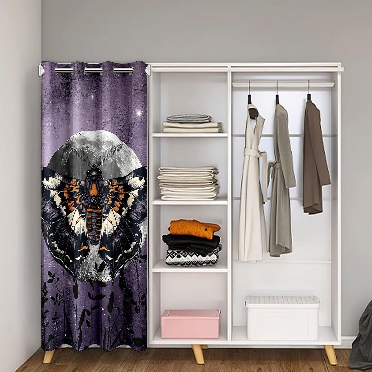 Wild Moth Door Curtain Bohemia Exotic Butterfly Blackout Curtain Purple Moon Night Doorway Curtain for Kids Teens Adults Flower Silhouette Door Drape 42" W X 80" L