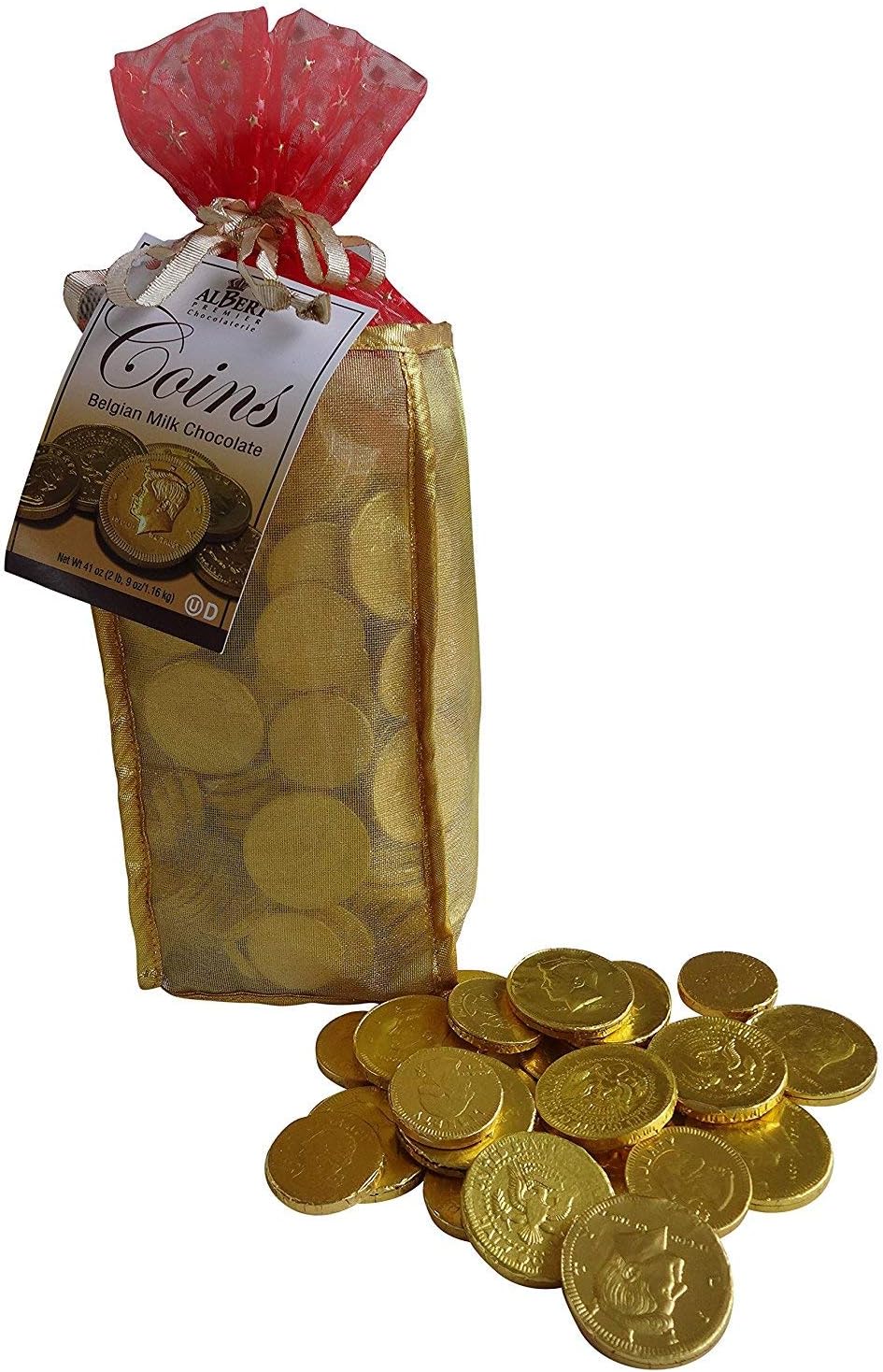 Solid Milk Chocolate Coins by Albert Premier Belgian Chocolatiers - Bulk 2 Pounds 9 Ounces in Gold Mesh Bag