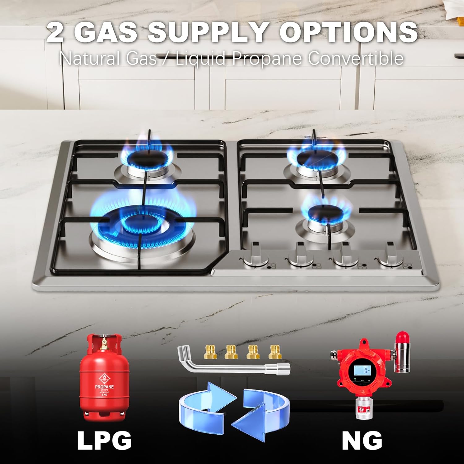 Alemania 24 Inch Propane Gas Hob with 4 Burners, NG/LPG Convertible Built-in Stovetop, Compact Cooktop with Plug-in Ignition for Apartments or RVs