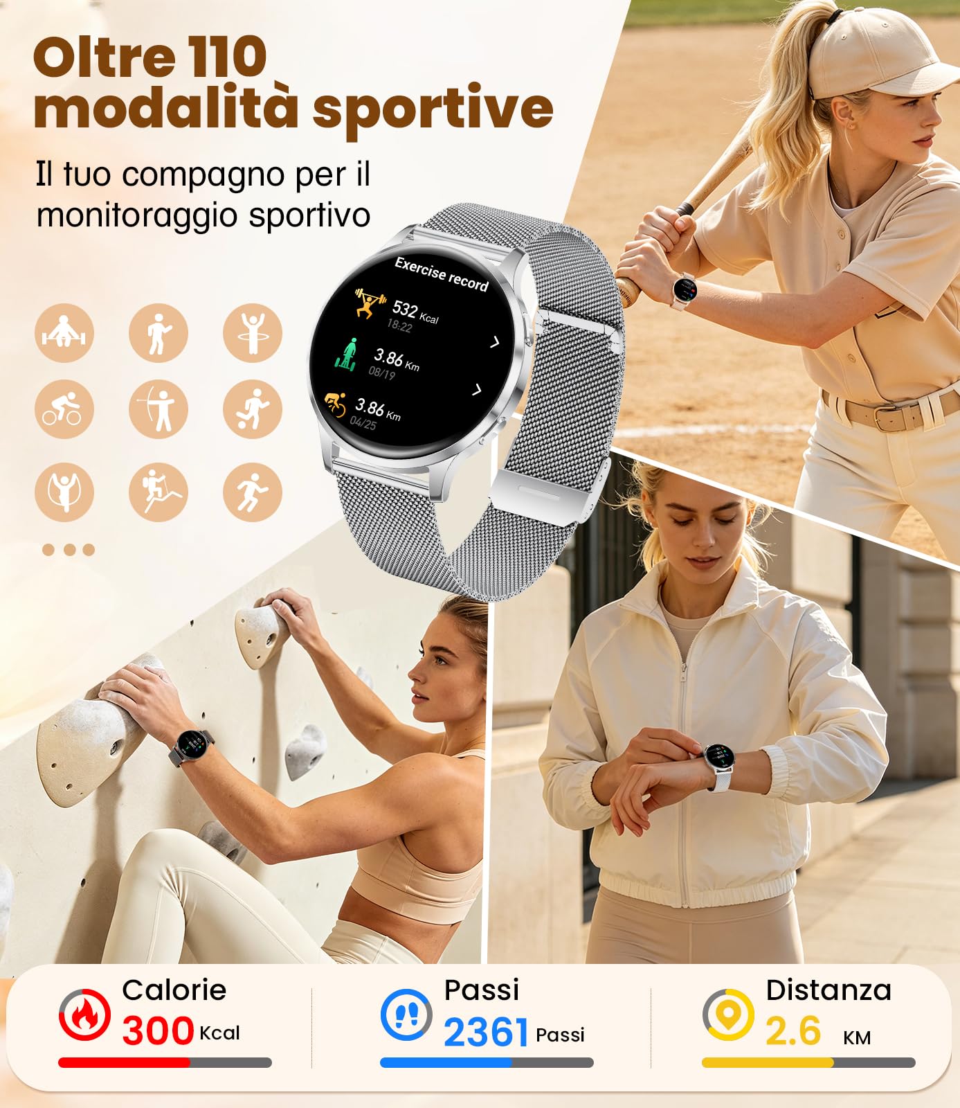 FITFLEX Smartwatch Donna, Display HD da 1,32 Pollici, IP68, Argento