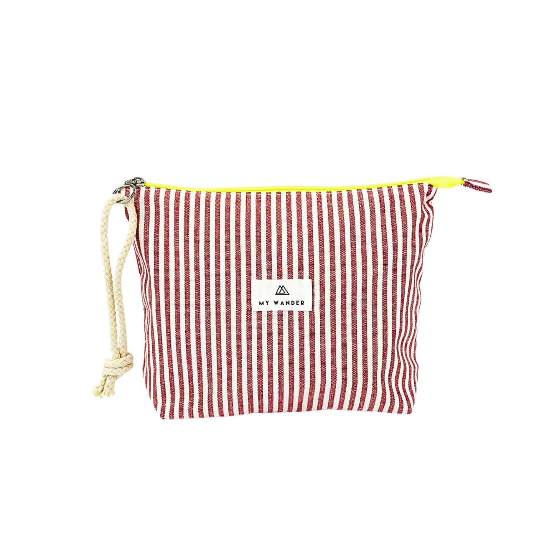 MY WANDER Neceser Mujer de Tela para Maquillaje y Viajes - Bolsa de Aseo Plegable con Forro Impermeable - Bolso de Mano con Cremallera Fluor y Cordón - 20x28x6cm - Fabricado en España (Rayas Rojo)