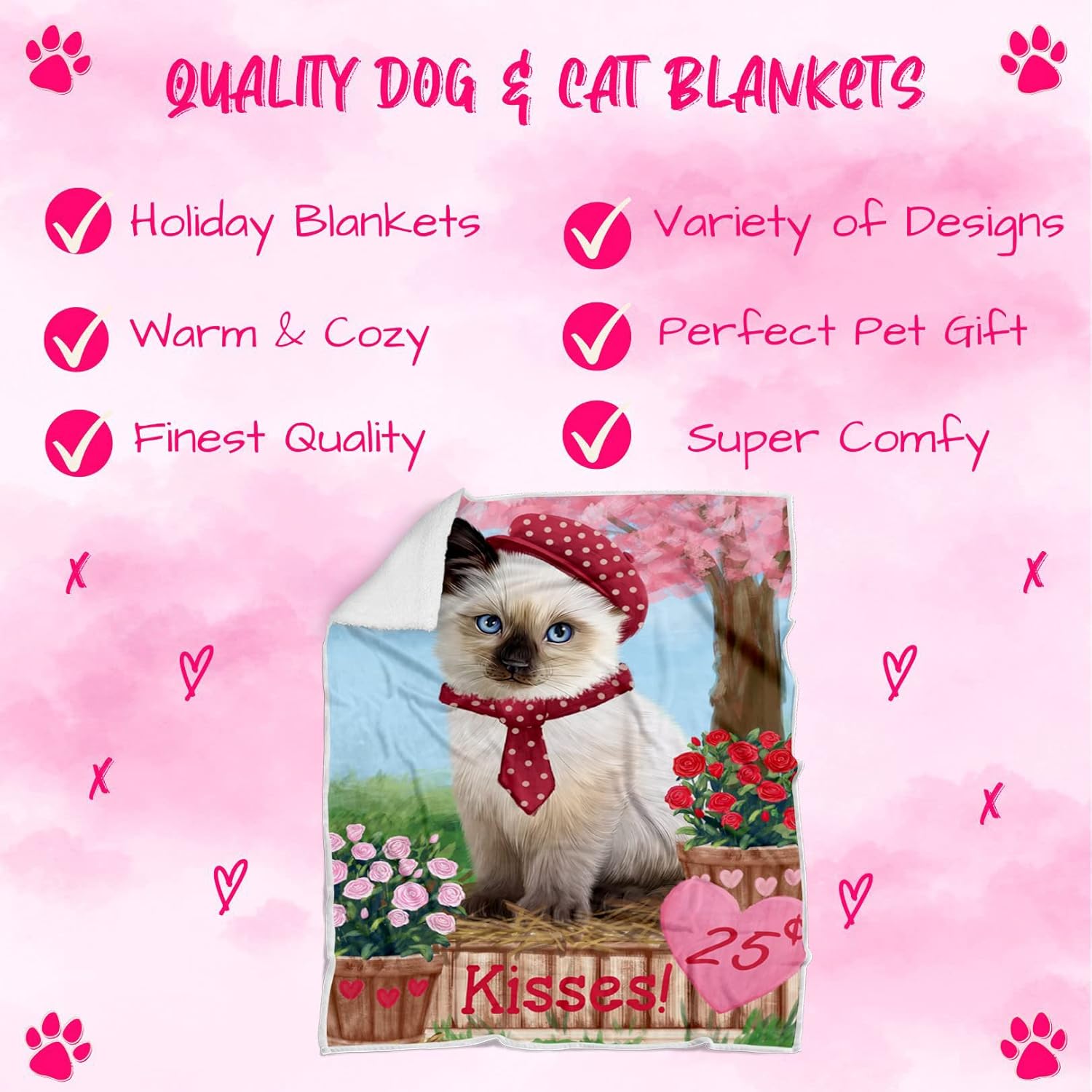 Rosie 25 Cent Kisses Siamese Cat Blanket - Lightweight Soft Cozy and Durable Bed Blanket - Animal Theme Fuzzy Blanket for Sofa Couch BLNKT61751 (50x60 Woven)