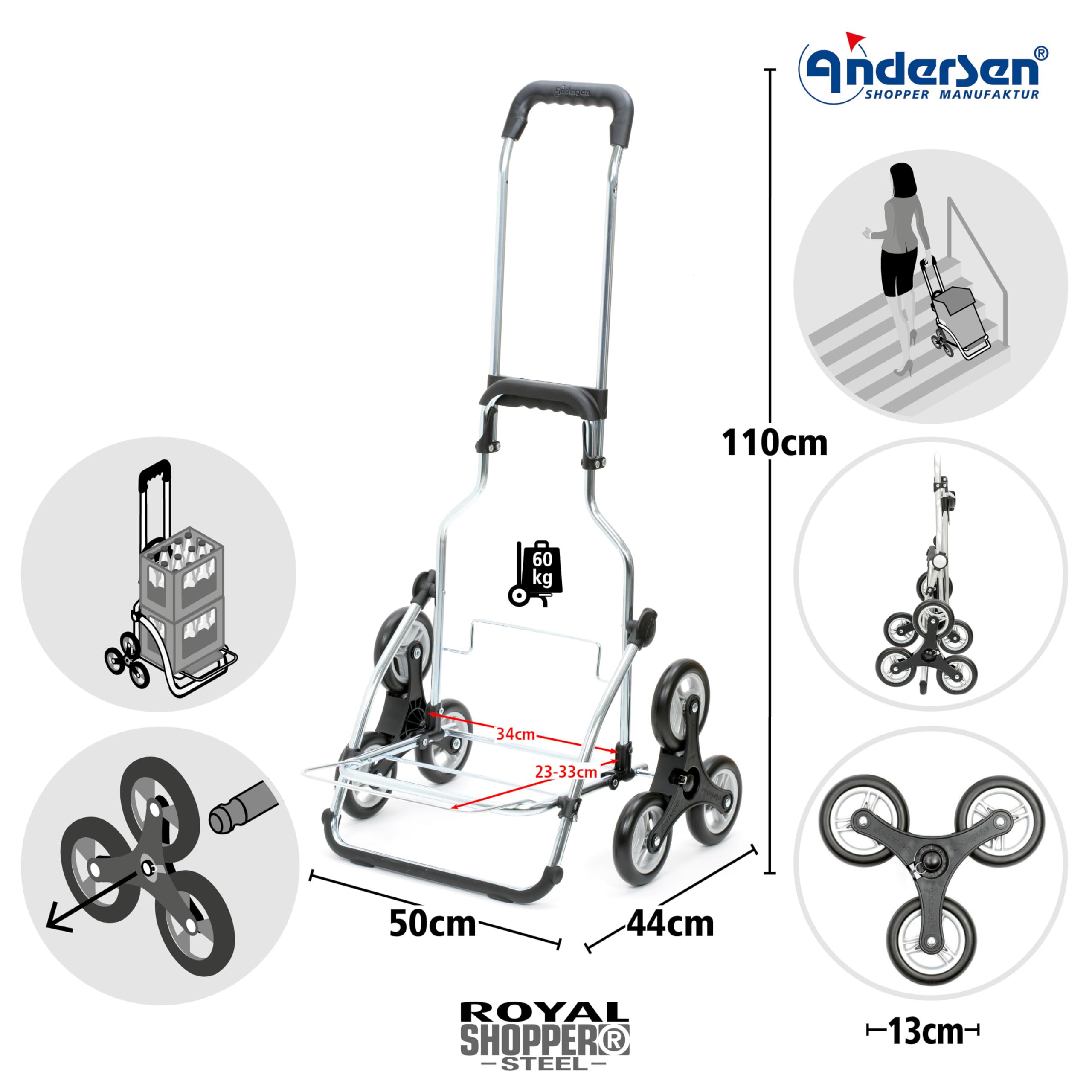 Andersen Einkaufstrolley - klappbar - 45 Liter - Treppensteiger | mit Kühlfach - Aufhängung für Einkaufswagen - belastbar 50 kg - Aluminium - Rad Ø 3 x 13 cm - Royal Shopper Wismar schwarz