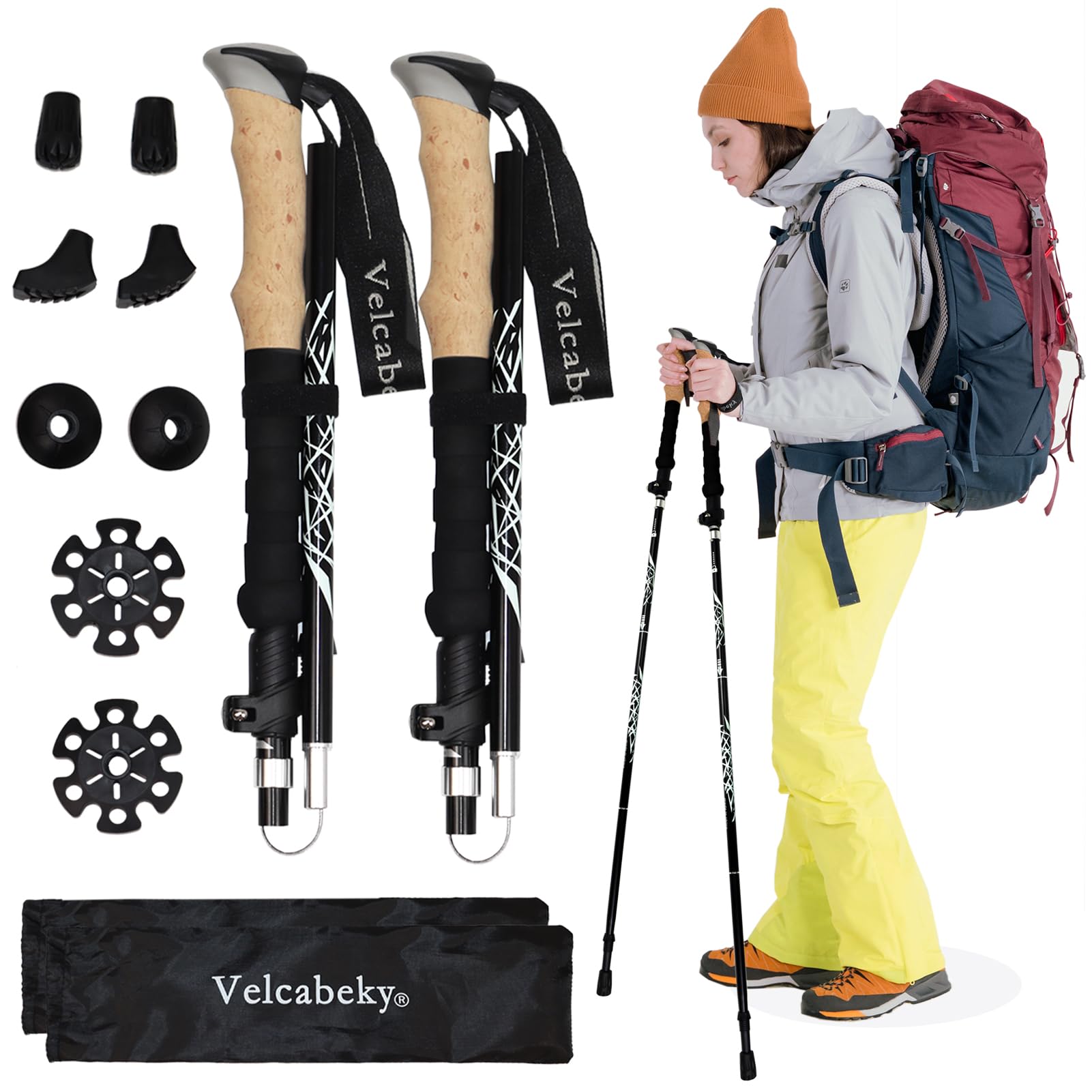 Velcabeky Trekking Poles Collapsible Hiking Poles Cork Handle Walking Sticks Lightweight Aluminum Alloy 7075 Hiking Sticks for Seniors Women Men-2pcs