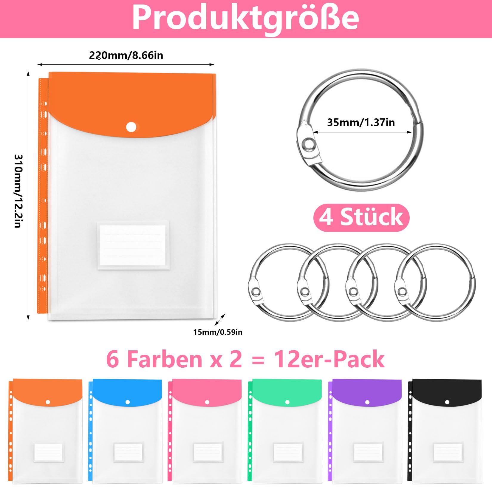 12 Pcs Carpetas Plastico A4 con Anillas, Folders Transparentes A4, Carpeta de Plastico A4Carpetas de Documento Transparentes Impermeables para Organizar Documentos, con 4 Anillos de Encuadernación