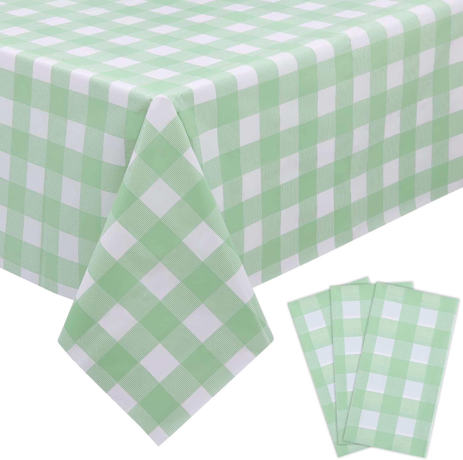 Kesfey 3 Packs Sage Green Gingham Tablecloth Sage Green and White Checkered Table Cloths 54 x 108 Inches Disposable Plastic Gingham Tablecovers Waterproof Picnic Camping Table Covers for Baby Shower