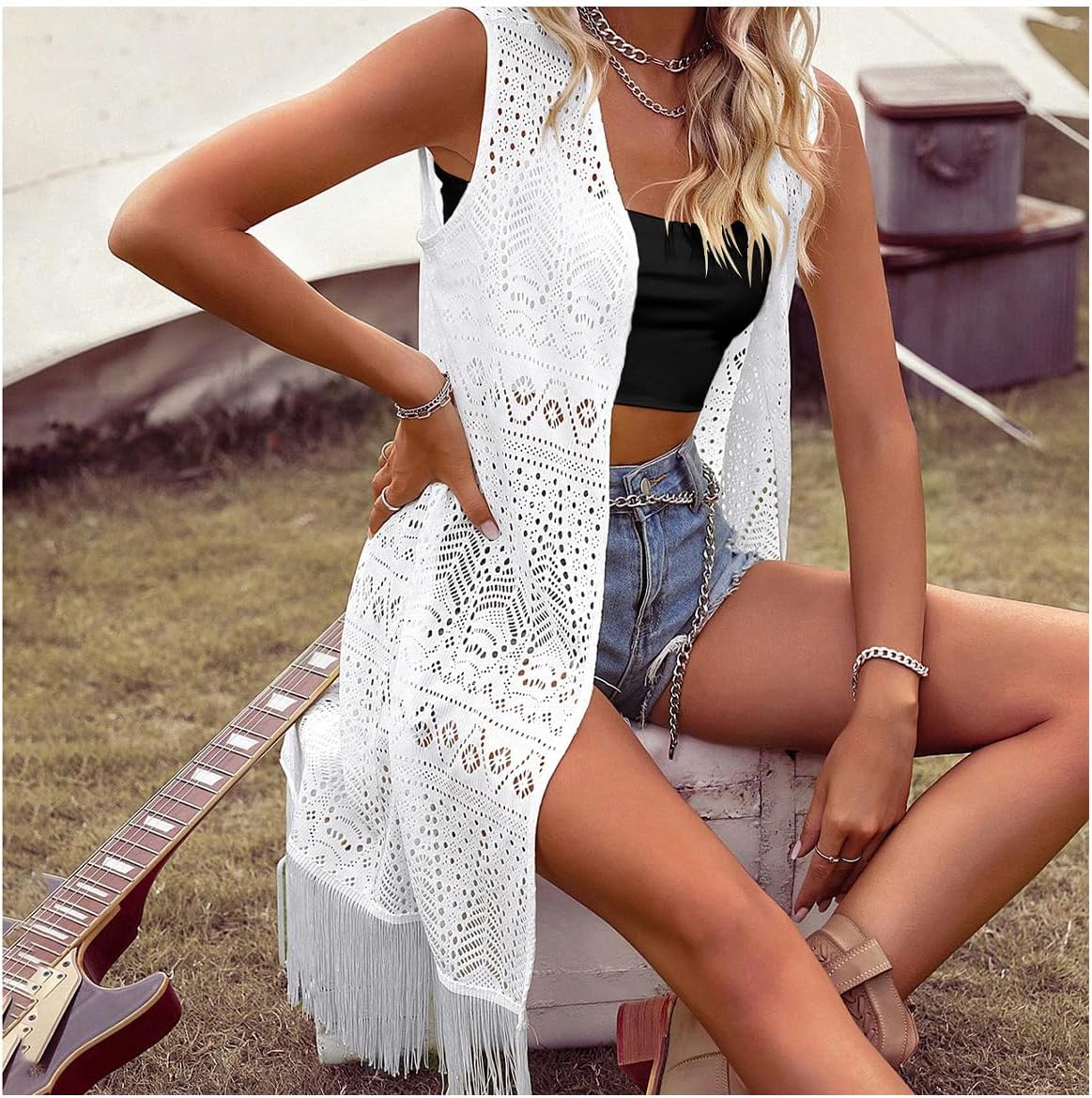 MakeMeChic Women's Fringe Vest Sleeveless Crochet Open Front Vintage Western Sweaters Cowboy Cardigan - Image 6