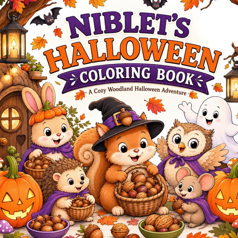 Niblet the Squirrel’s Halloween Coloring Book: A Cute and Cozy Halloween Coloring Adventure with Friendly Ghosts, Pumpkins, and Woodland Animals (Cozy Animal Halloween Coloring Books)