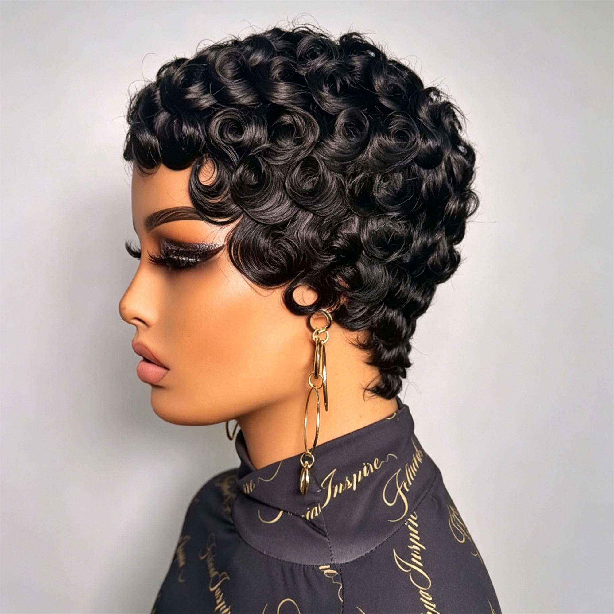 Curly Pixie Cut Wig Human Hair Machine Made Lightweight Glueless Bob with Bangs Human Hair Wig Short Curly Pixie Cut with Bangs, Kinky Curly  main image 3
