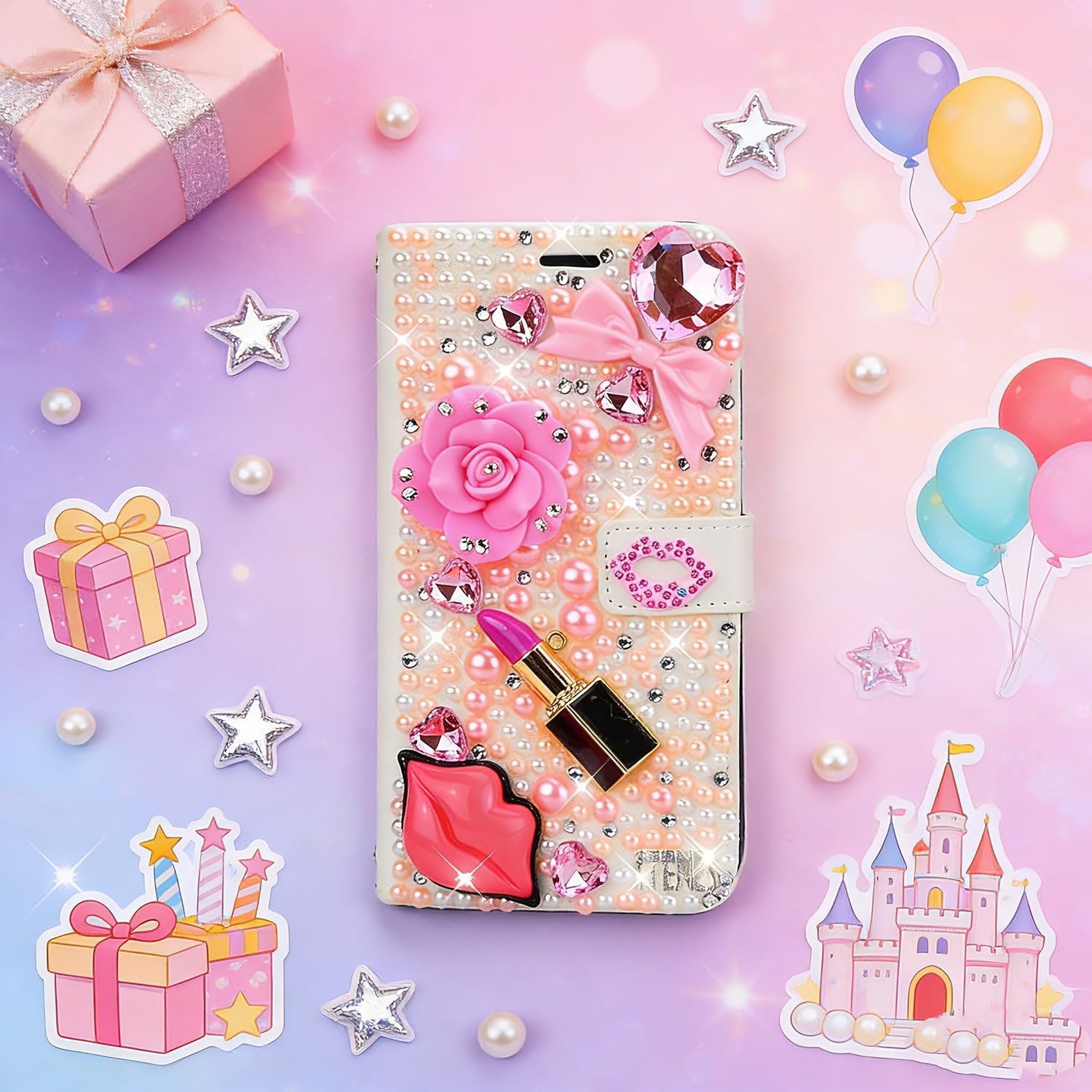 Glitter Wallet Phone Case for iPhone 13 Pro - Women 3D Luxury Shiny Bling Leather Cover with Screen Protector, White Floral Pearl Crystal Phone Strap - Pink Lipstick Lips Flower