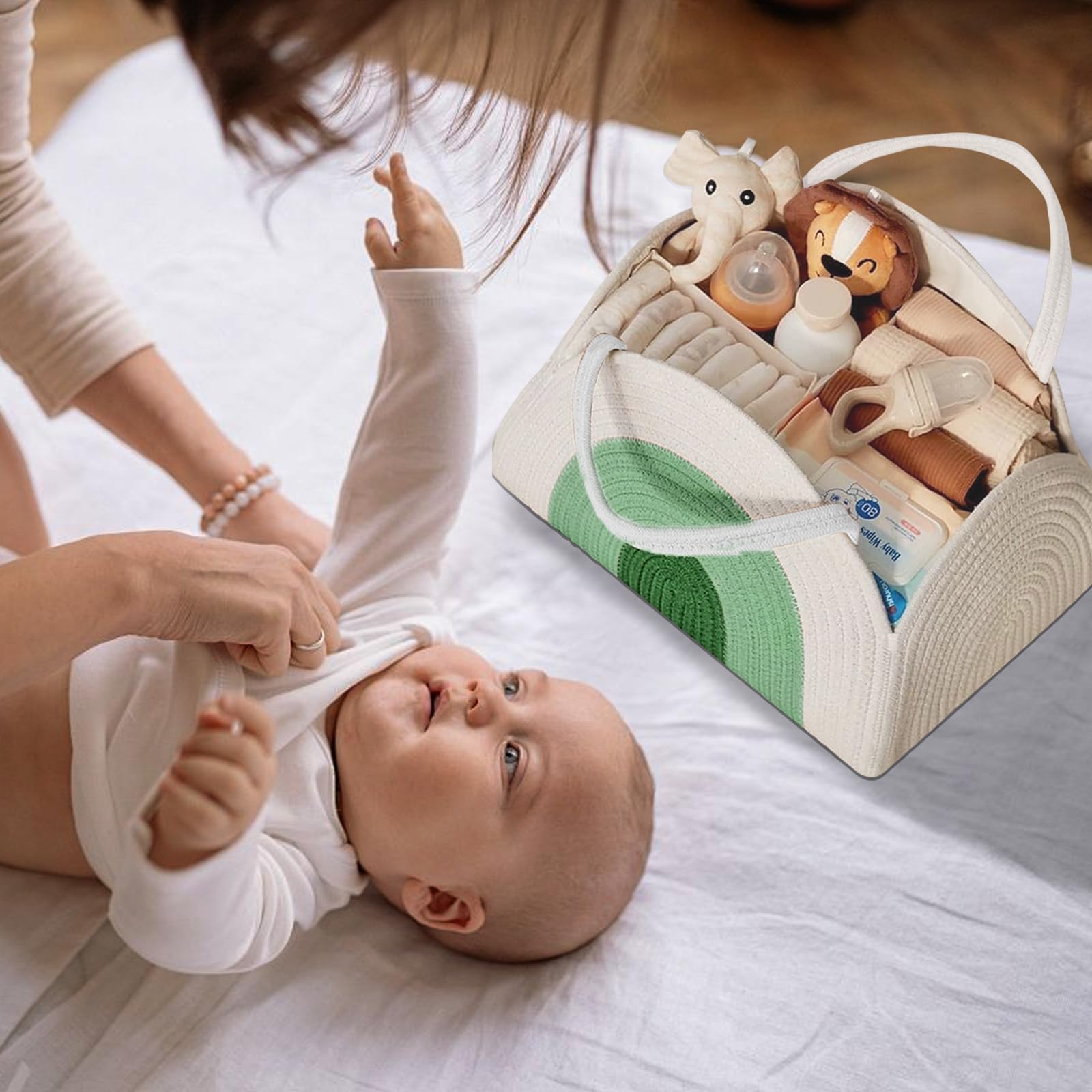 Organizer per fasciatoio, corda di cotone, organizer con divisorio, cestino portatile per pannolini per bambini, regalo per baby shower (bianco e verde)