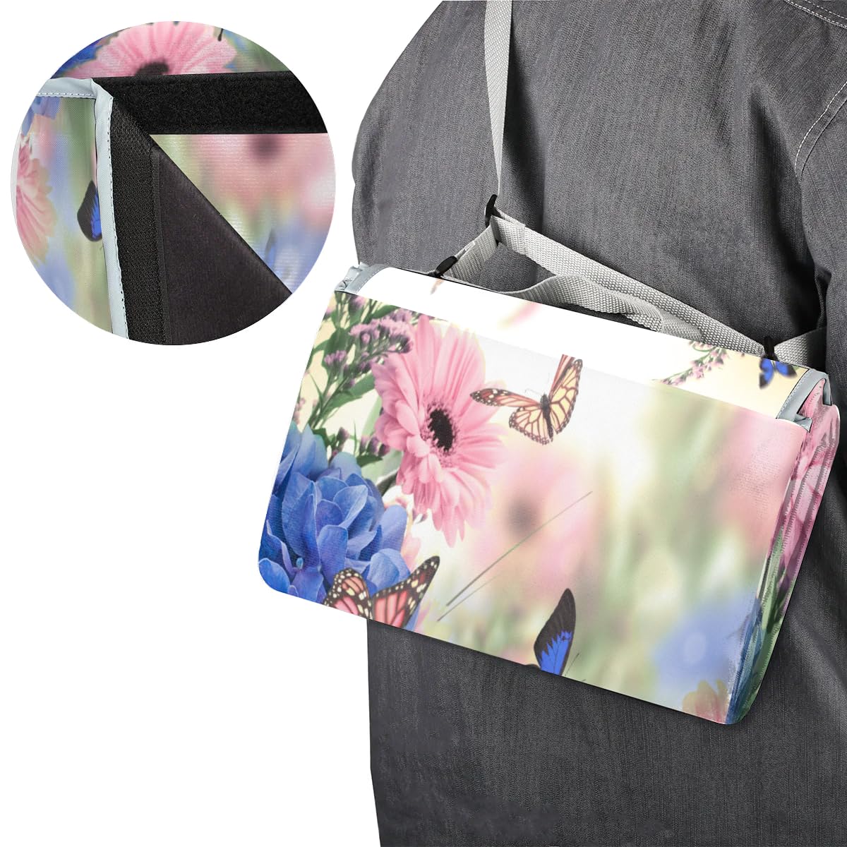 Mantas de picnic de 150 x 145 cm, manta de playa plegable con flores y mariposas para exteriores, impermeable, para playa, camping, senderismo, picnic