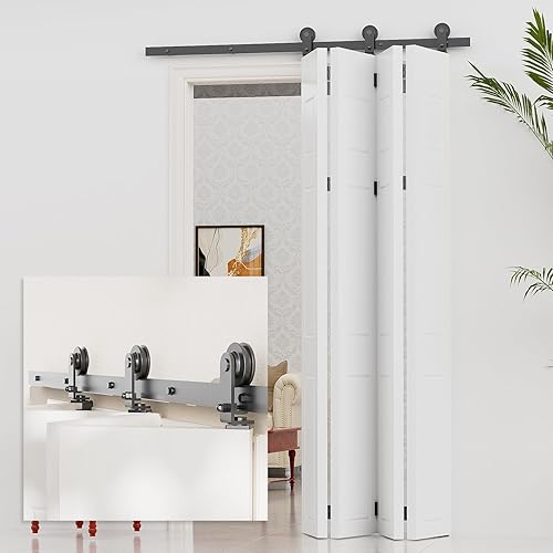 Kit de riel de puerta de granero biplegable de 66 pulgadas adecuado para 4 paneles de puerta, nuevo estilo acordeón, resistente y suave, fácil de