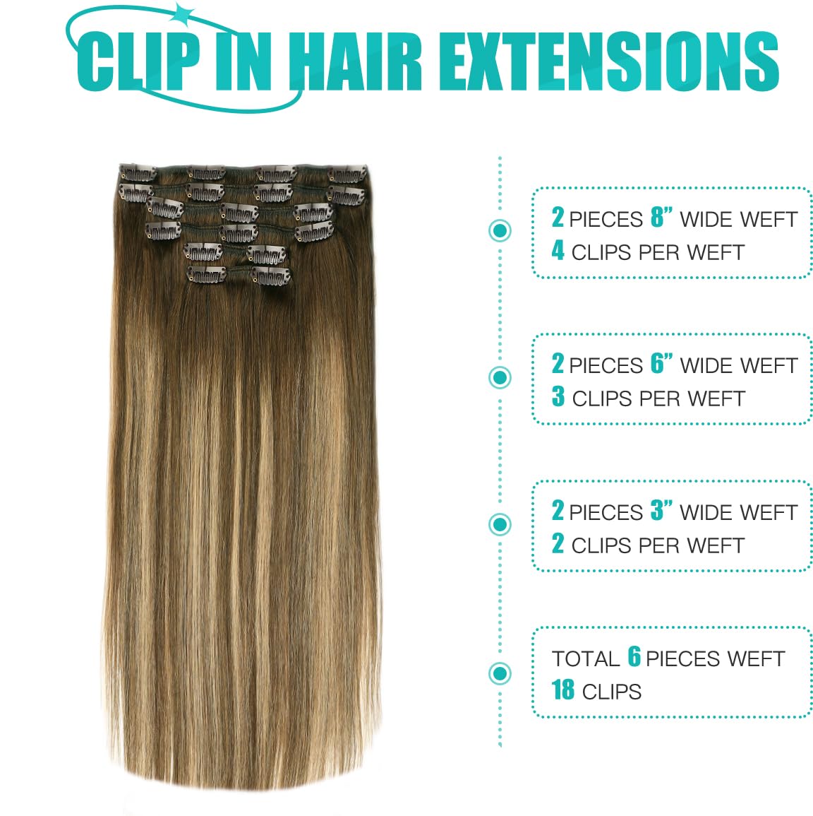 SURNEL Clip in Extensions Human Hair Balayage Chocolate Brown to Caramel Blonde Clip in Hair Extensions 18 Inch 6pcs 120g Hair(#4/27/4,18'')