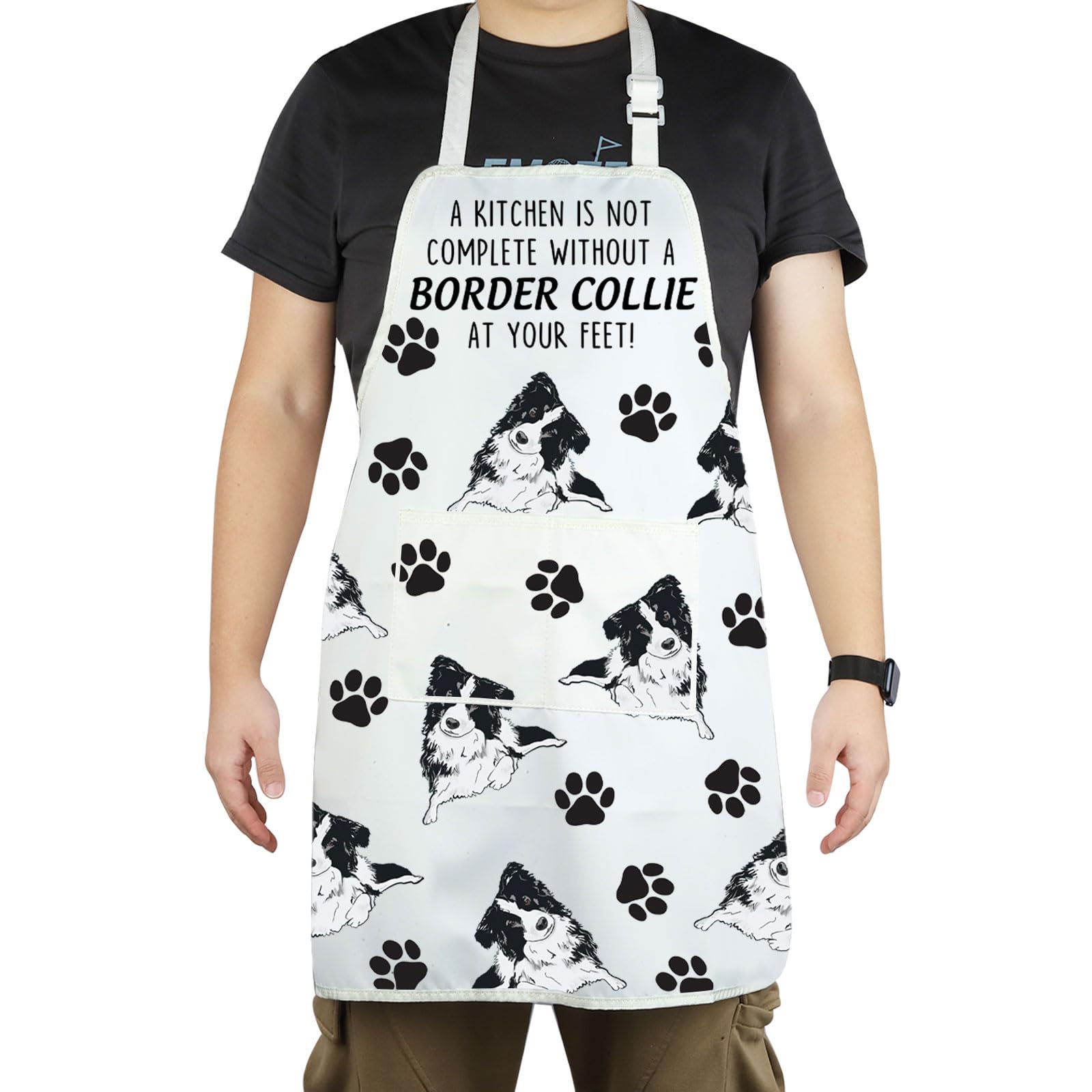 CENWA Mom Apron With Pockets - Border Collie Lover Gifts, Dog Owner Gifts, Adjustable Cooking Apron, White, 72*68 cm (28.34*26.77inch) - Image 3
