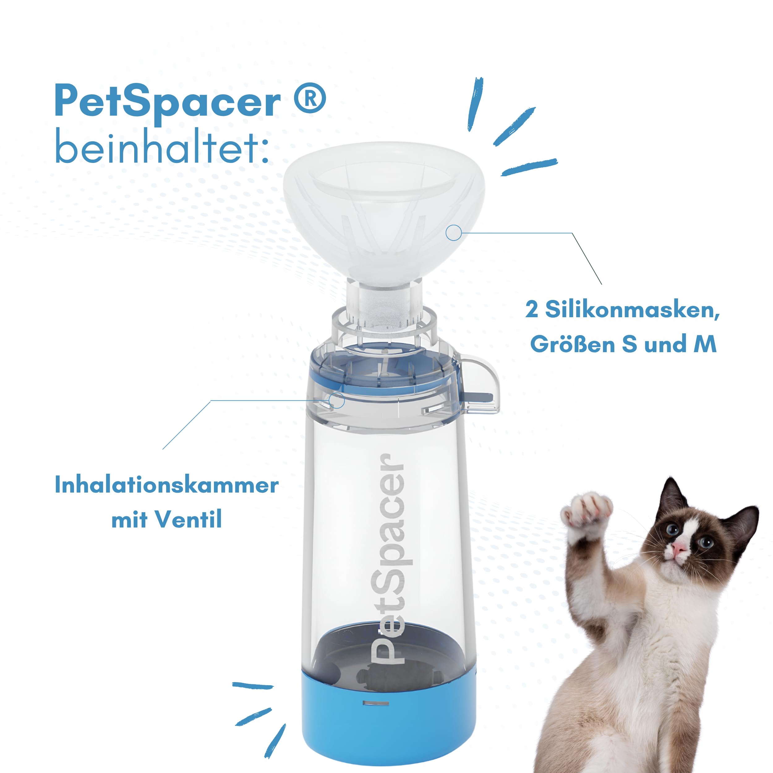 Inhalationsgerät Katze mit InhalationsMaske S M | Tragbarer Inhalator | Geeignet für Asthmaspray und Bronchitis bei Haustieren; nasale und orale Anwendung mit universeller Kompatibilität.