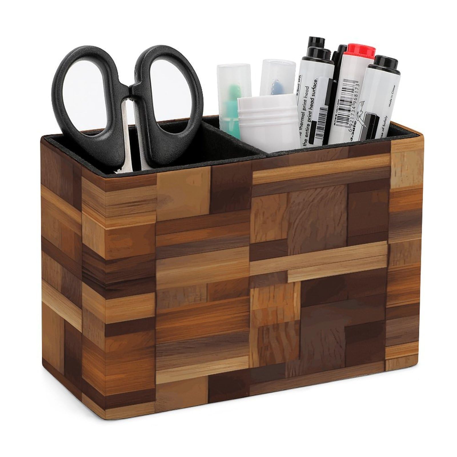 VstaDank Wood Pencil Holder for Desk(Double Slots) Fashion Leather Pencil Cup Simple Rectangular Shape Pen Holder Multi-Functional Pen Cup for Home Office Supplies Storage