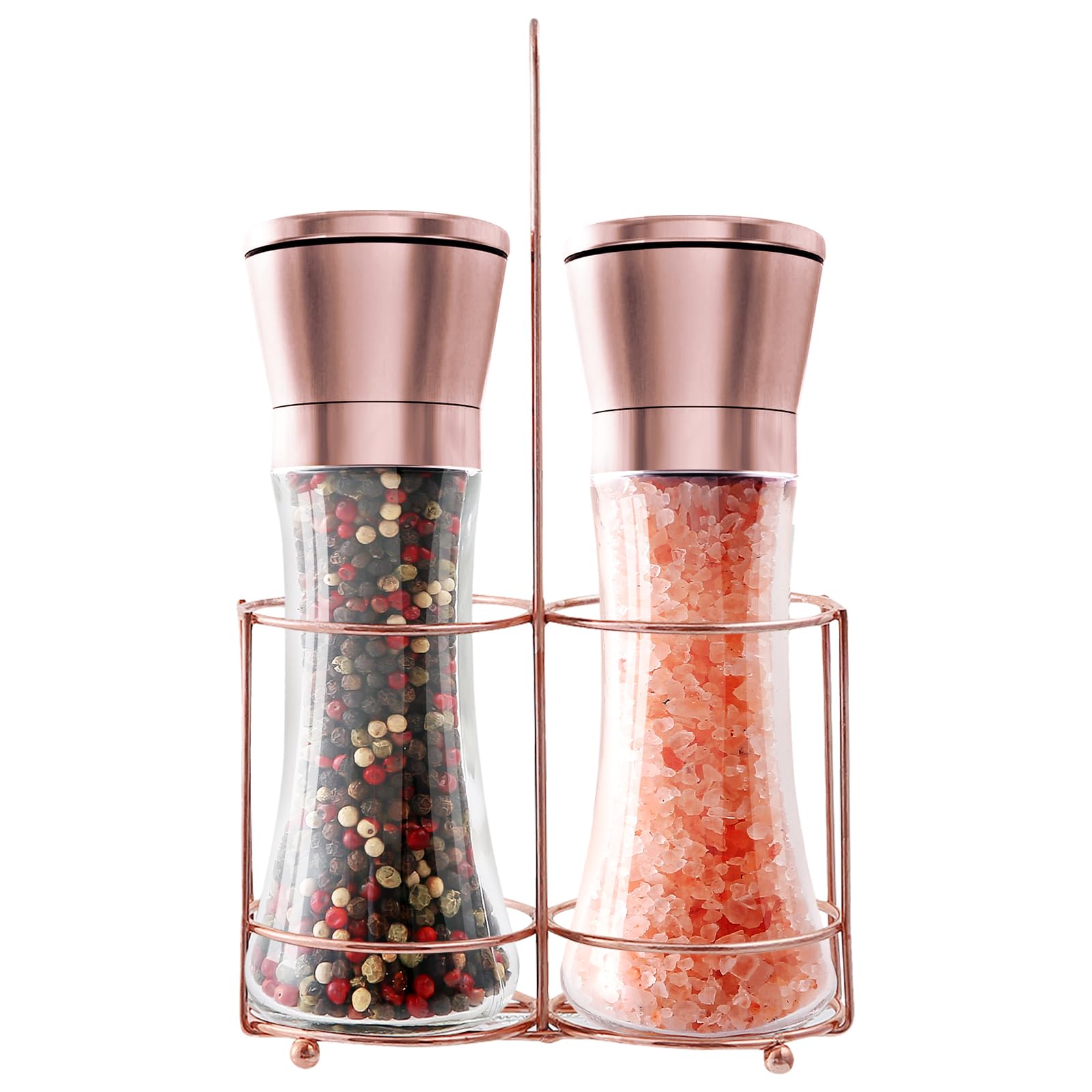 Copper Stainless Steel Salt and Pepper Grinder Set Manual Himalayan Pink Salt Mill|Salt and Pepper Shakers with Adjustable Coarseness and Clear Glass Body (Pack of 2)