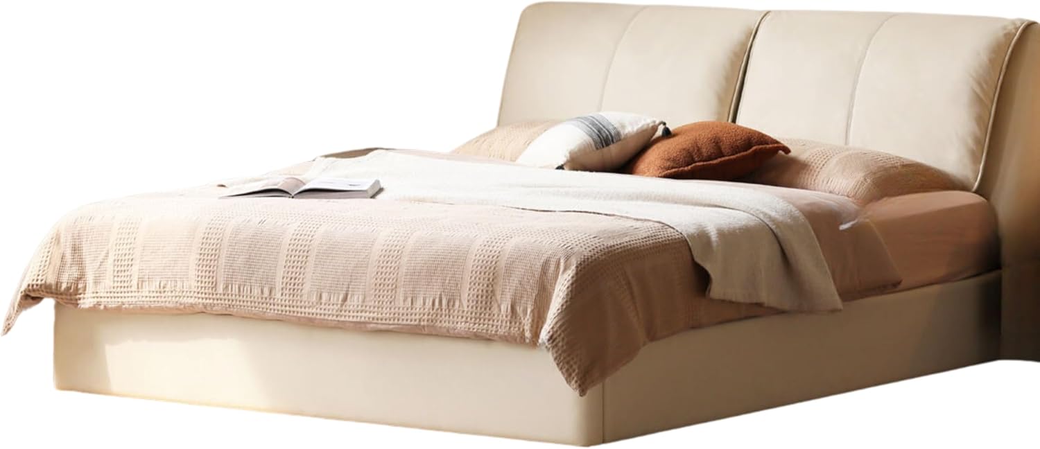 GVAwood Genuine Leather, Technology Cloth Box Bed Storage Soft Milk US Size - RV King 72" x 80" (182 x 203 cm) / Genuine Leather Coconut Milk White Box Bed (high Box Version)