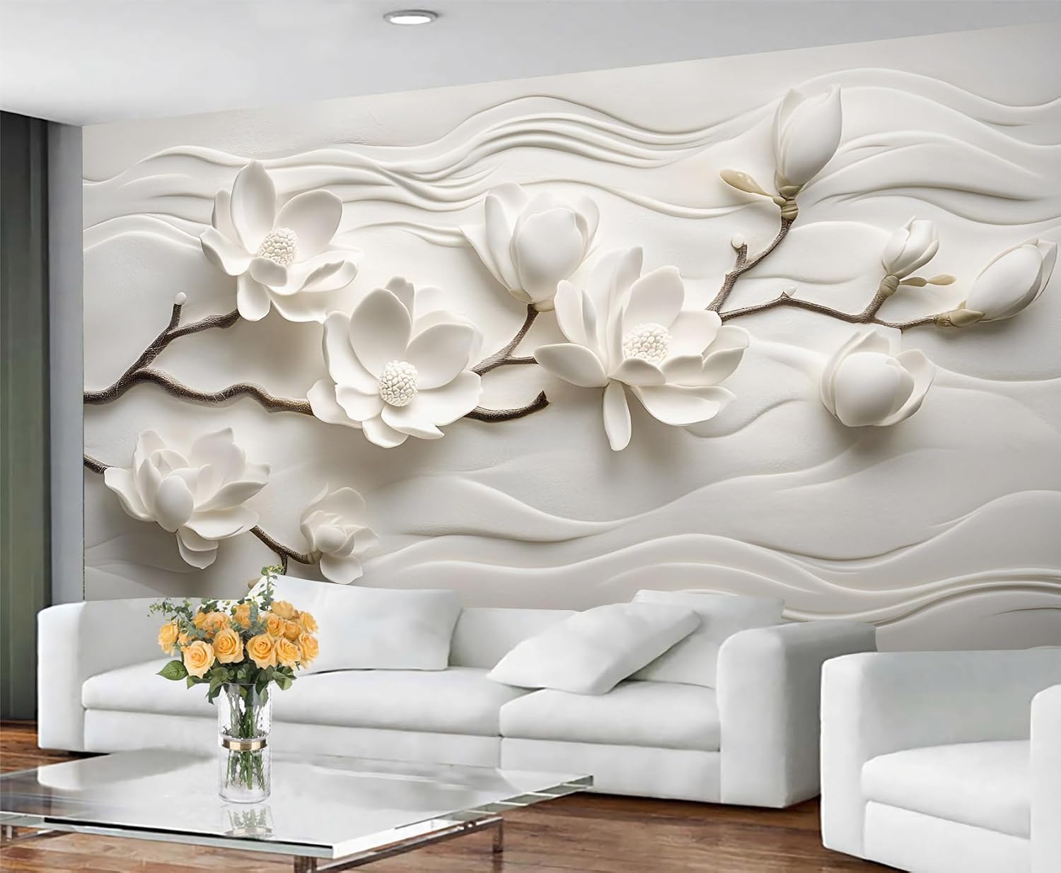 3D Relief Flower Wall Mural, Magnolia Wall Murals for Living Room, Floral Wallpaper for Bedroom (Not Peel n' Stick)