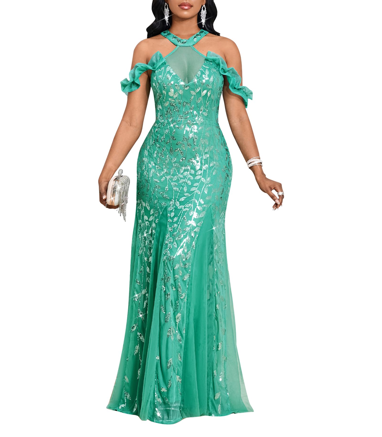 Cololura Women Sequin Halter Mesh Bodycon Formal Maxi Dress Evening Gown