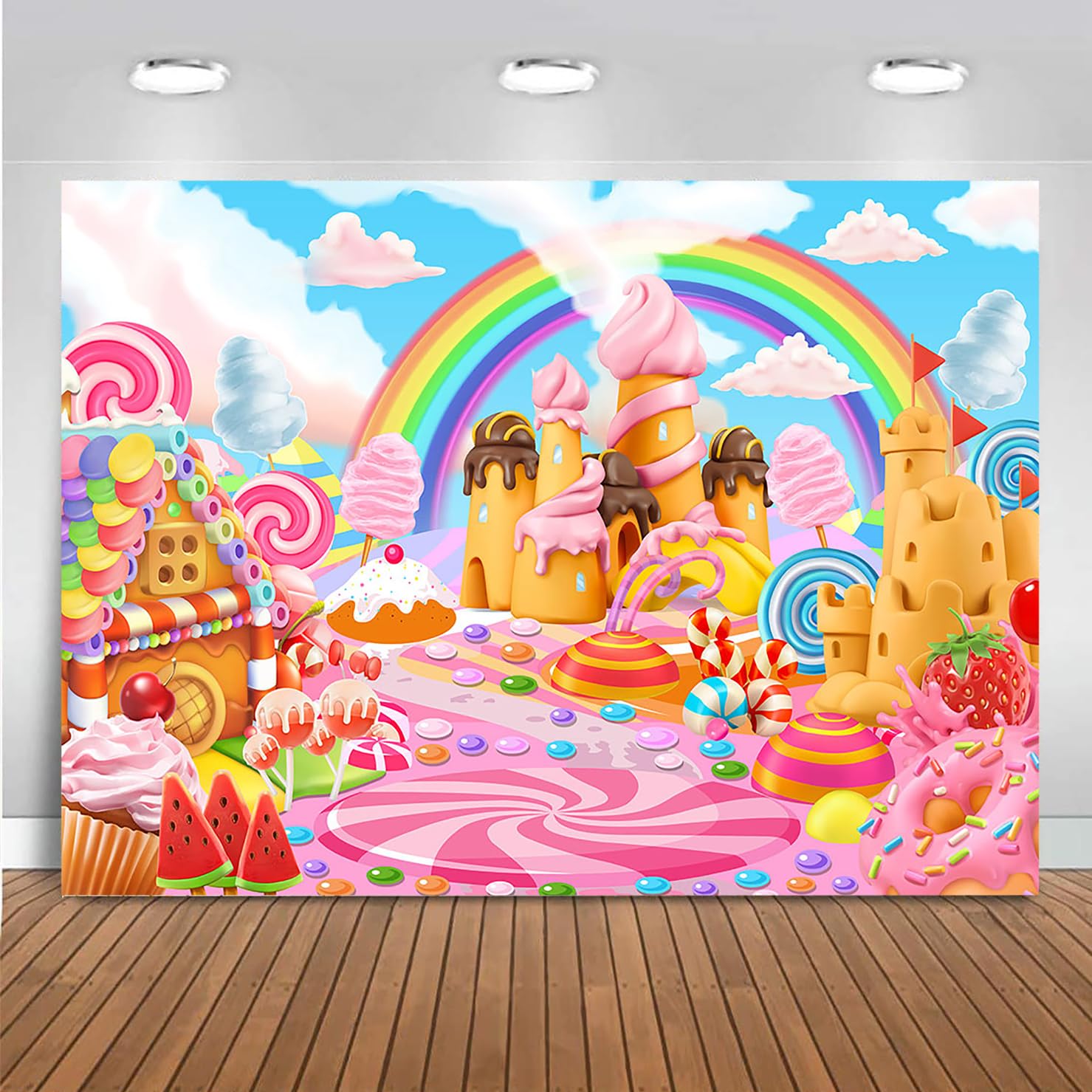 Mocsicka Lollipop Candyland Backdrop for Kids Sweet Lollipop Rainbow Candyland Birthday Party Decorations Cartoon Candy Castle Ice Cream Photo Booth