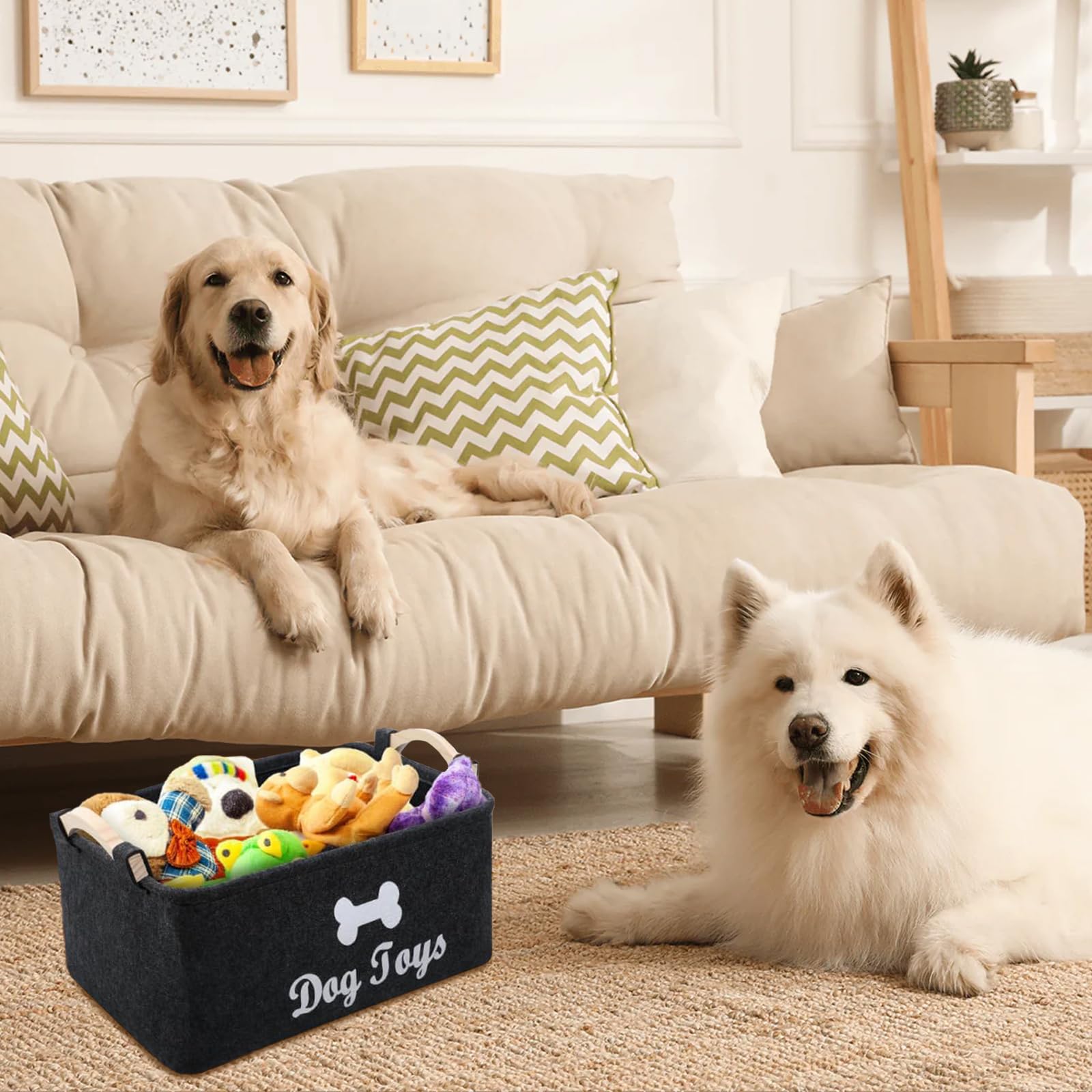Cesta de Fieltro, Caja de Juguetes para Perros con Mango Madera, Cesta de Almacenamiento Juguete para Perros Versátil, Organizar Comida, Juguetes Accesorios Mascotas