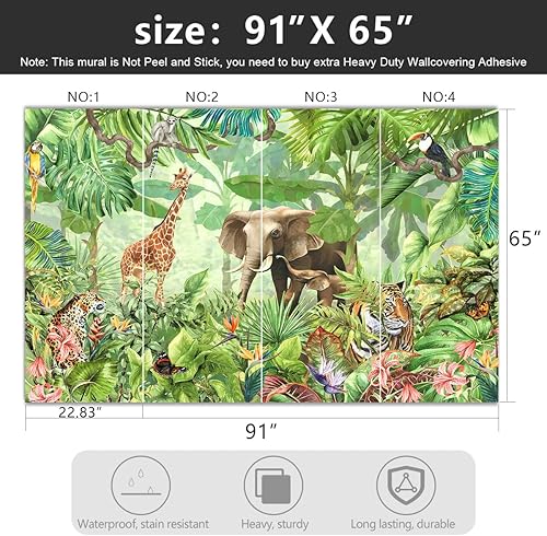 Miniatura 4 de YIHWM - Papel tapiz de tela verde con estampado de plantas de selva tropical, animales, tigre, plantas, selva, hojas de plátano, niños y niñas,
