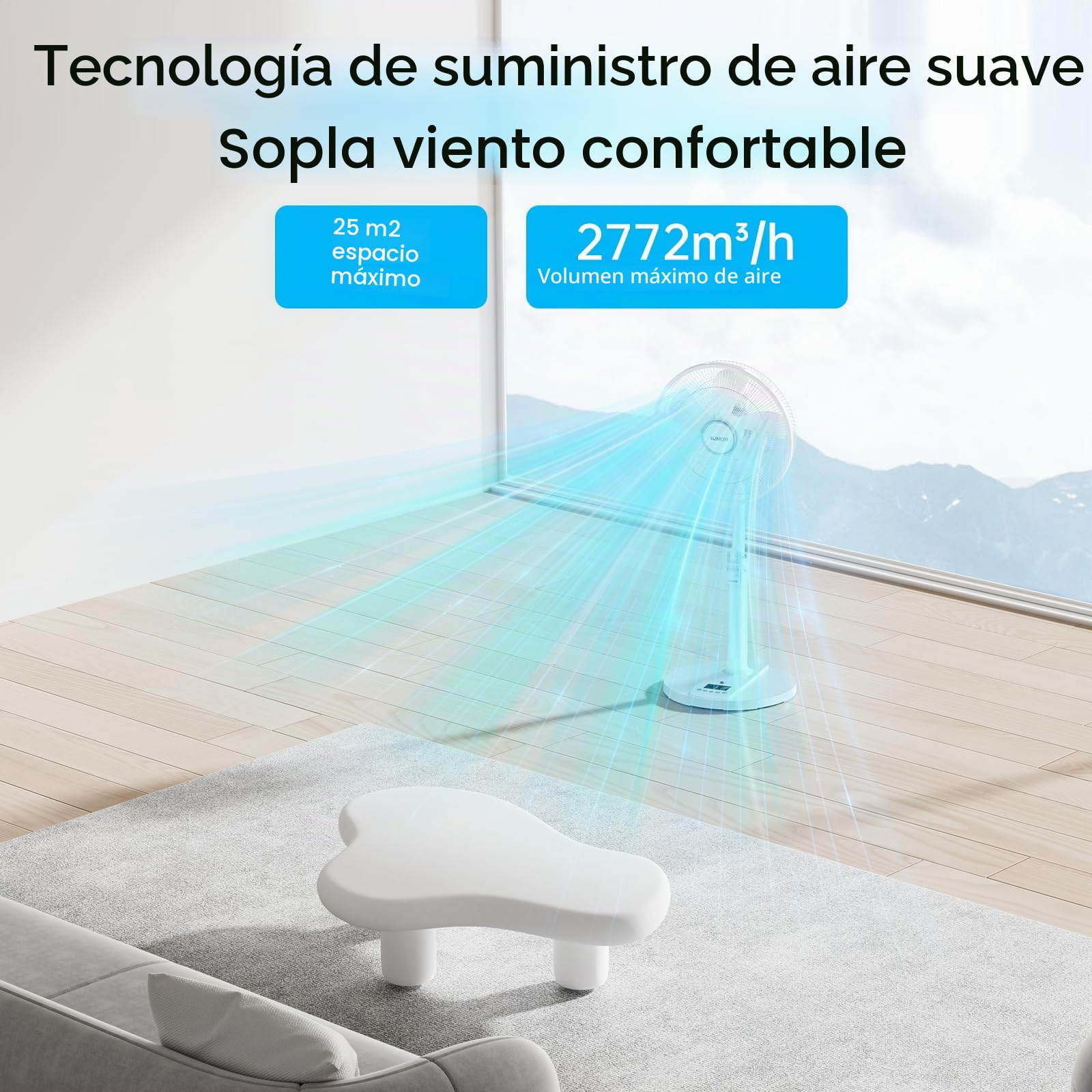 4UMOR Ventilador de Pie Silencioso 20dB con Control Remoto, Ventilador Motor DC para Mesa, 9 Velocidades, 4 Modos, 24W con Temporizador