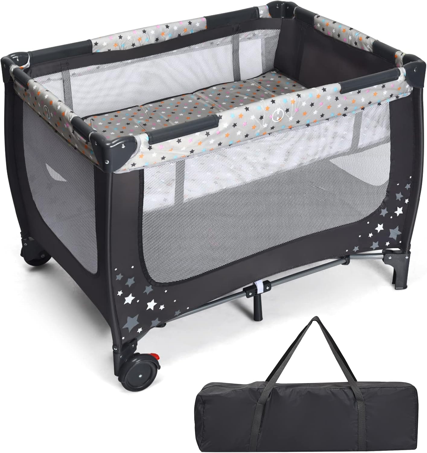 COSTWAY Foldable Travel Cot, Portable Baby Playard with Lockable Wheels