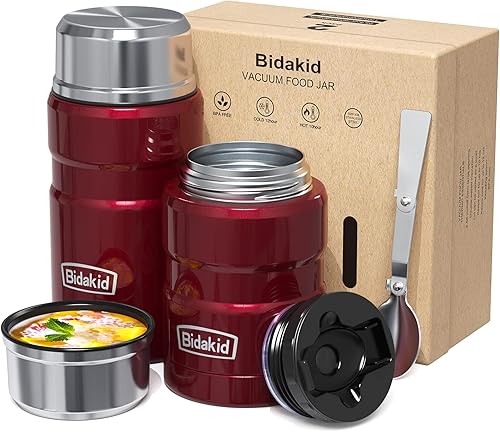 Bidakid Termos para comida caliente, paquete de 2 tarros de alimentos aislados para termos calientes de sopa, recipientes para alimentos fríos y