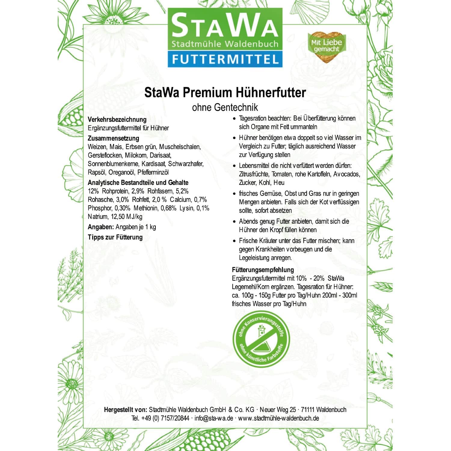 Premium Hühnerfutter, Geflügelkörnerfutter, ohne Gentechnik, mit Oregano-Öl und Pfefferminz-Öl, 25 kg