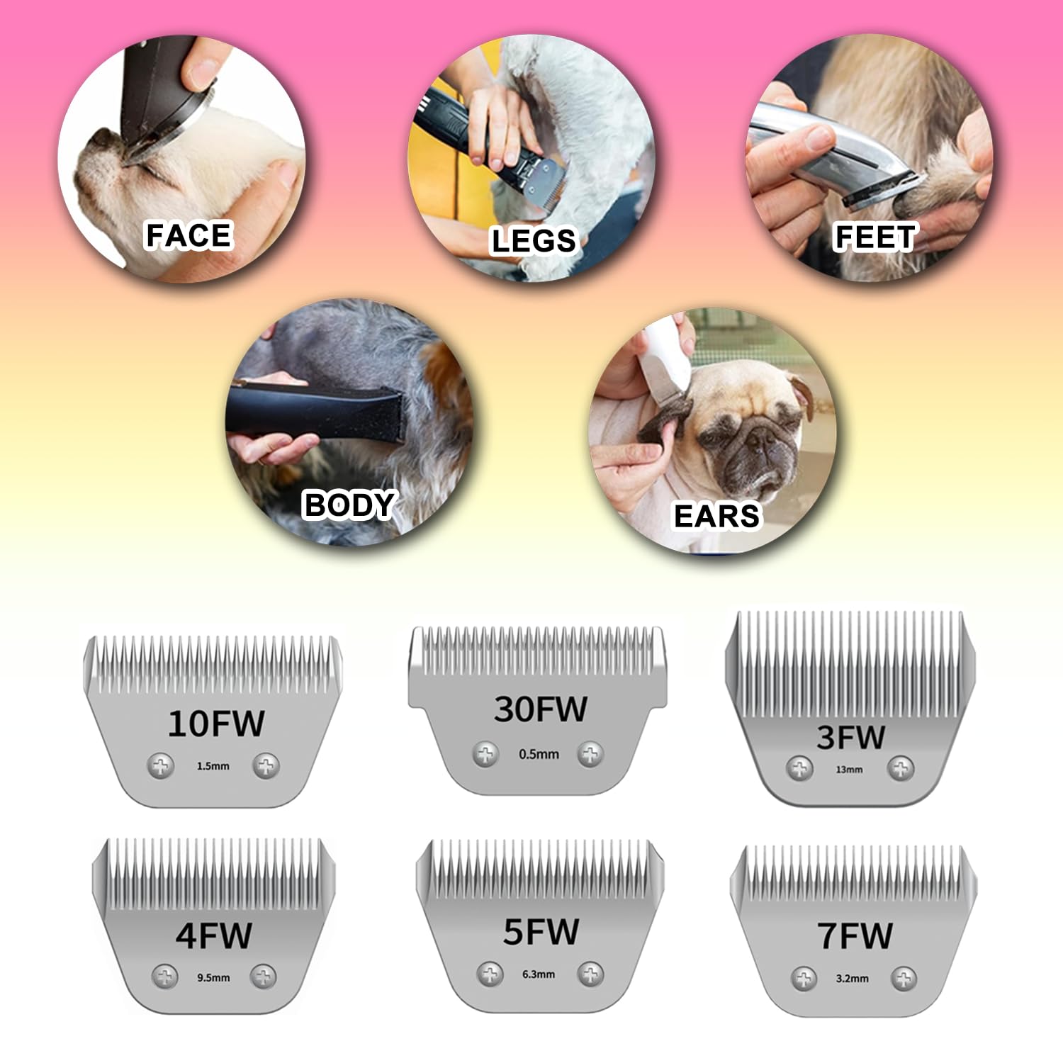 TRAH Cuchillas de aseo desmontables para mascotas de 10 FW, hoja ancha compatible con cortadoras de perros Andis, la mayoría de cortadoras de la serie A5, KM, hoja de cerámica desmontable, tamaño