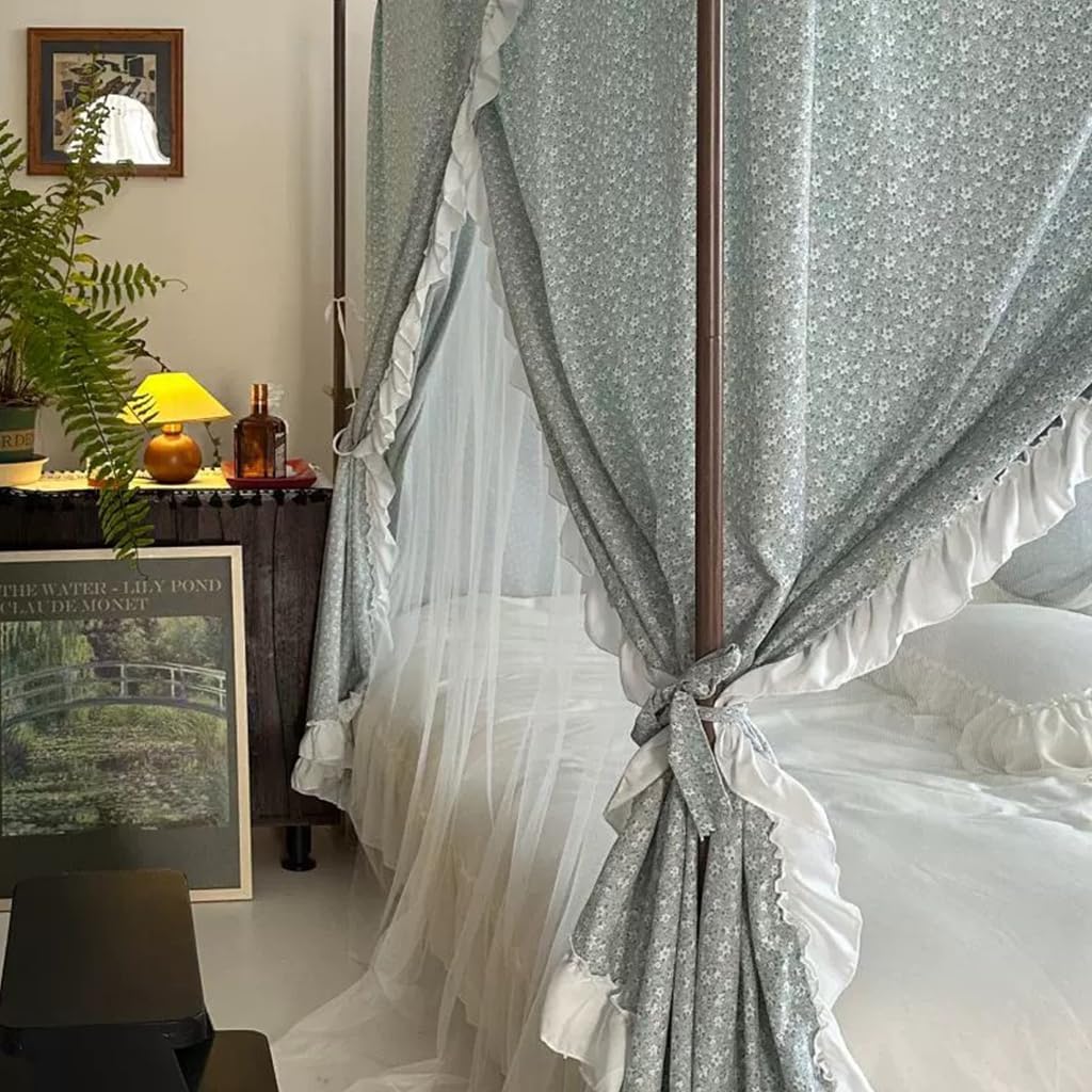 2-IN1 Broken-Flowers 4 Corners Post Canopy Bed Curtains Double Layer Cozy Drape Netting with 3 Opening Mosquito Net Mesh for Girls Bedroom Decoration (Blue, 64" W x 86" L (Pack of 1))