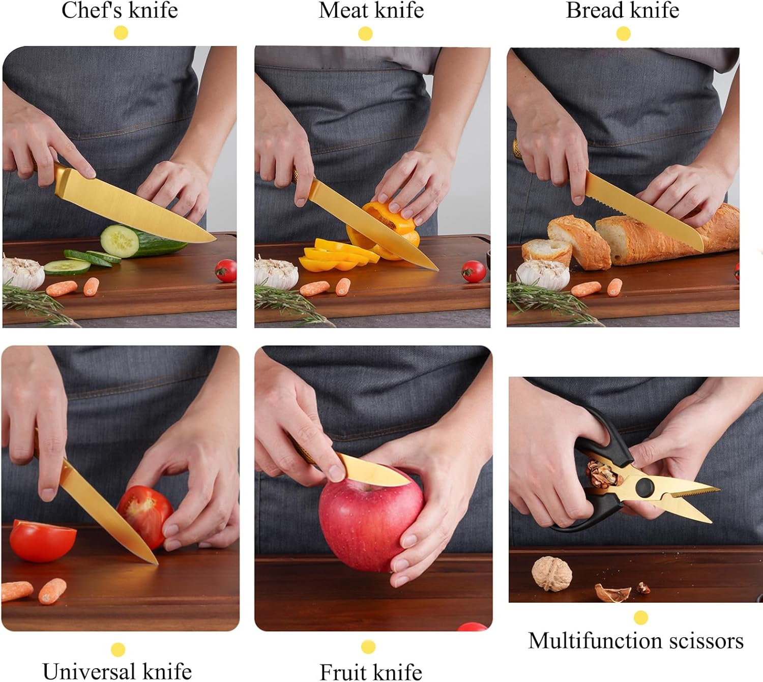 Gold Kitchen Knife Set,8-Piece Titanium Coated Dishwasher Safe Gold Knife Block Sets,Wooden Block with Built-In Sharpener Chef Knife Set - Image 8