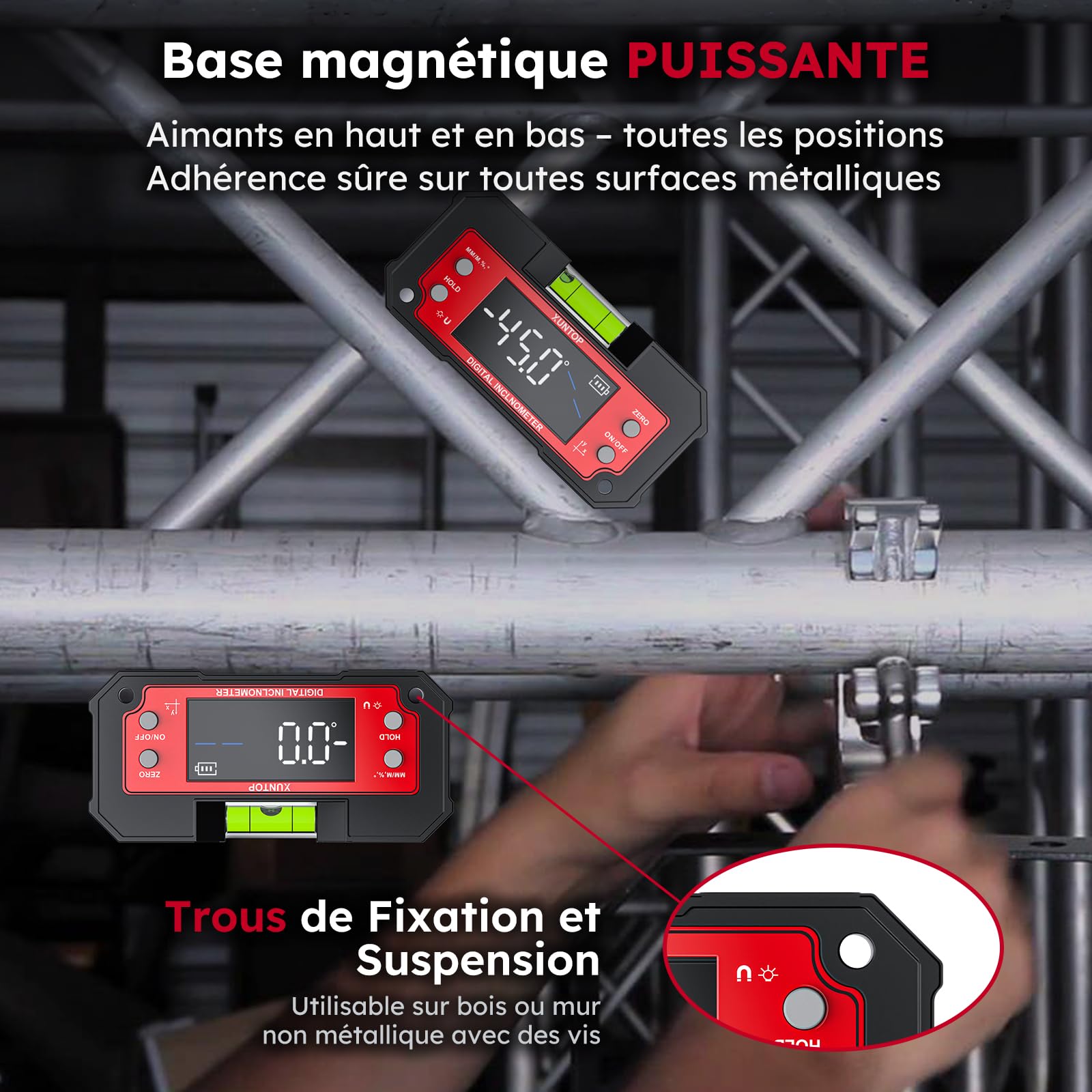 XUNTOP Inclinomètre Numérique Double Axe LED Rechargeable - Niveau Électronique Professionnel à Haute Précision avec Base Magnétique et Niveau à Bulle Intégré pour Chantier, Menuiserie, Bricolage