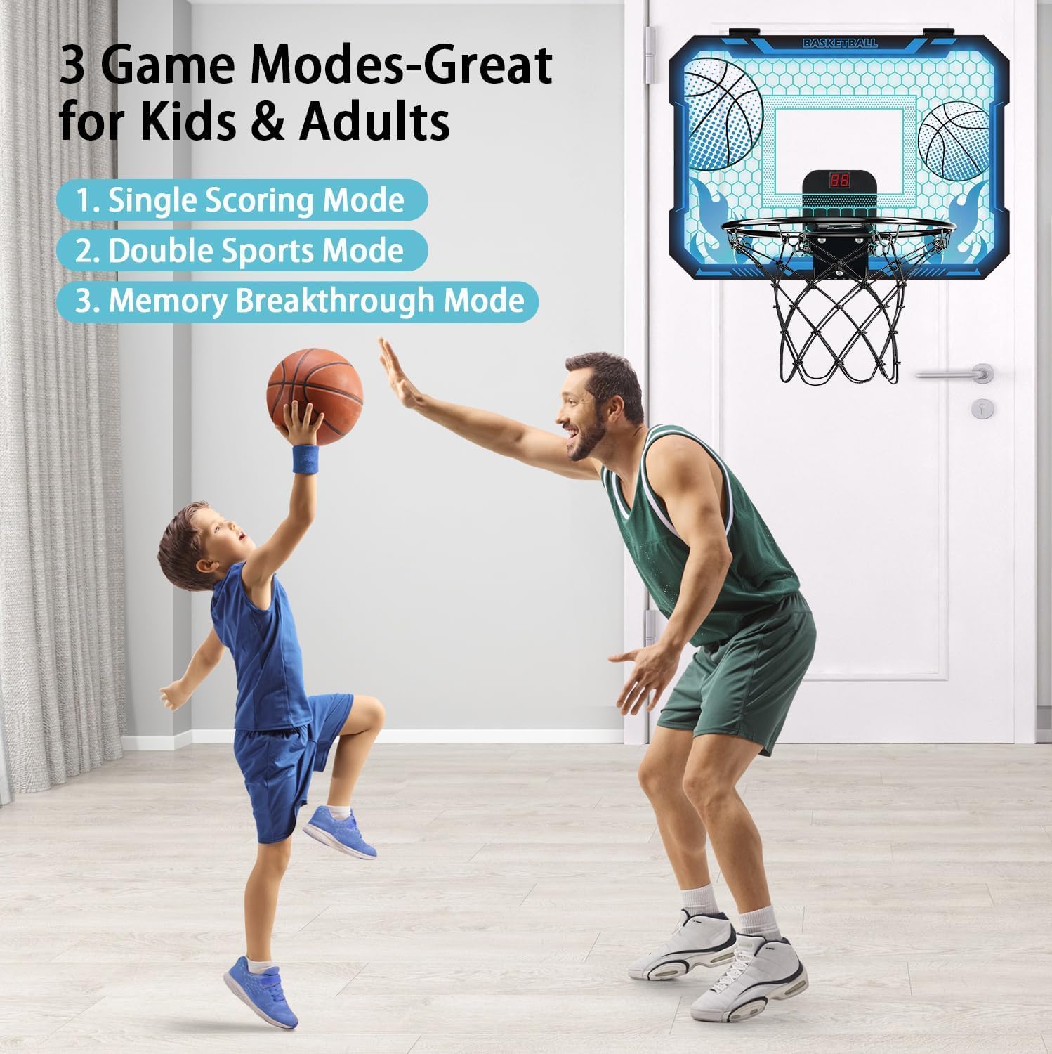 Indoor Basketball Hoop for Kids with Led Lights Mini Basketball Hoop with Remote Control Over The Door Basketball Hoops with Scoreboard Basketball Toys for 4-12 Year Old Boys Girls