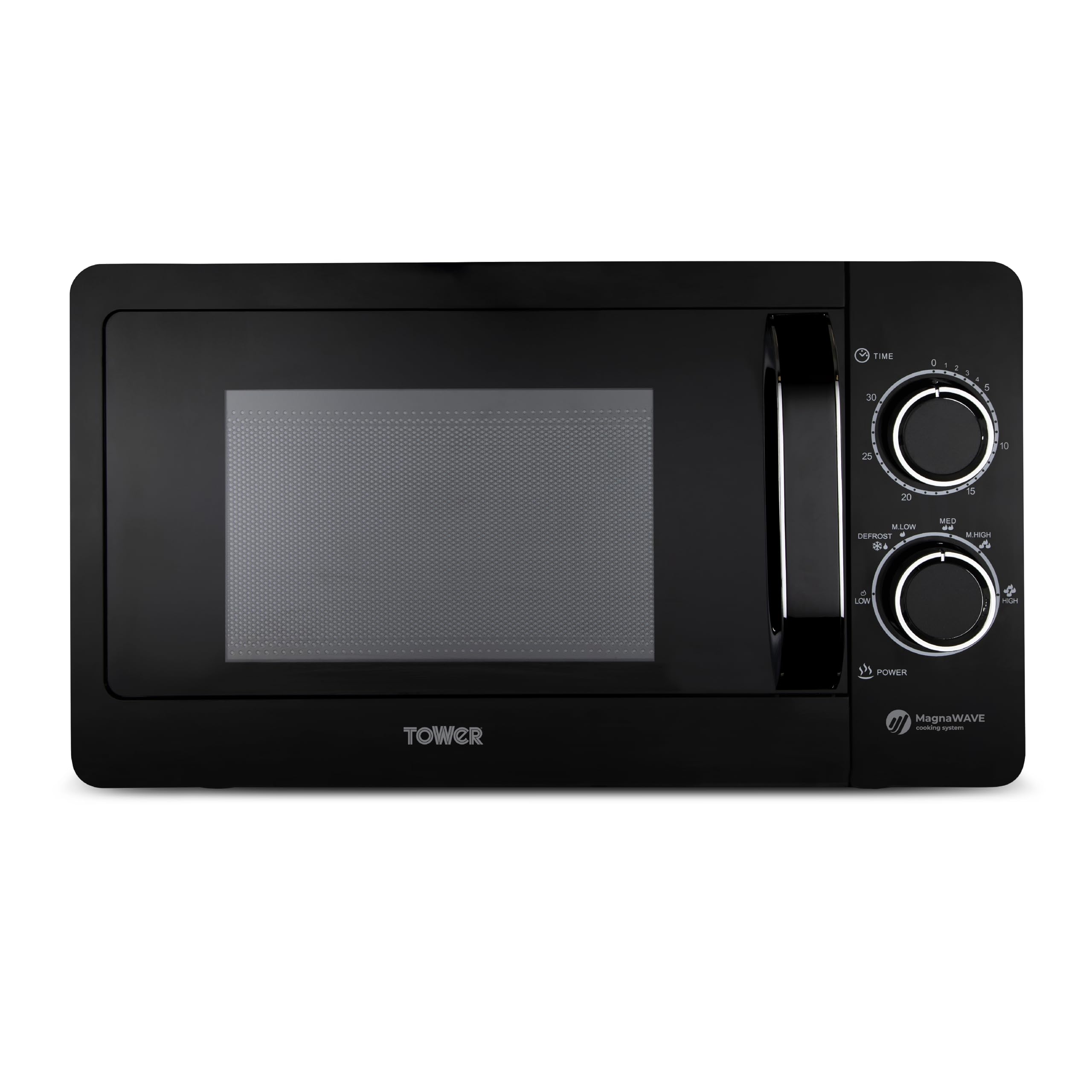 Tower T24042BLK Manual Microwave with Sleek Mirror Door, 800W, 20L, Black & Chrome