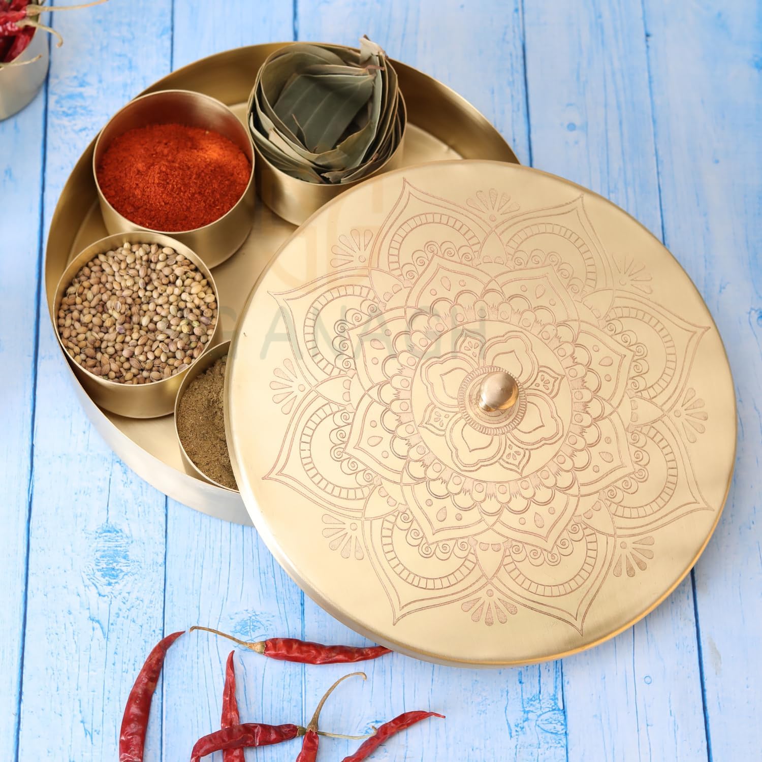 Brass Round Spice Box Masala Dabba-Spice Box Set With Spoon Container 90 ML Indian Masaladanni for Kitchen Counter With Spoon (Floral, 7 Inch)