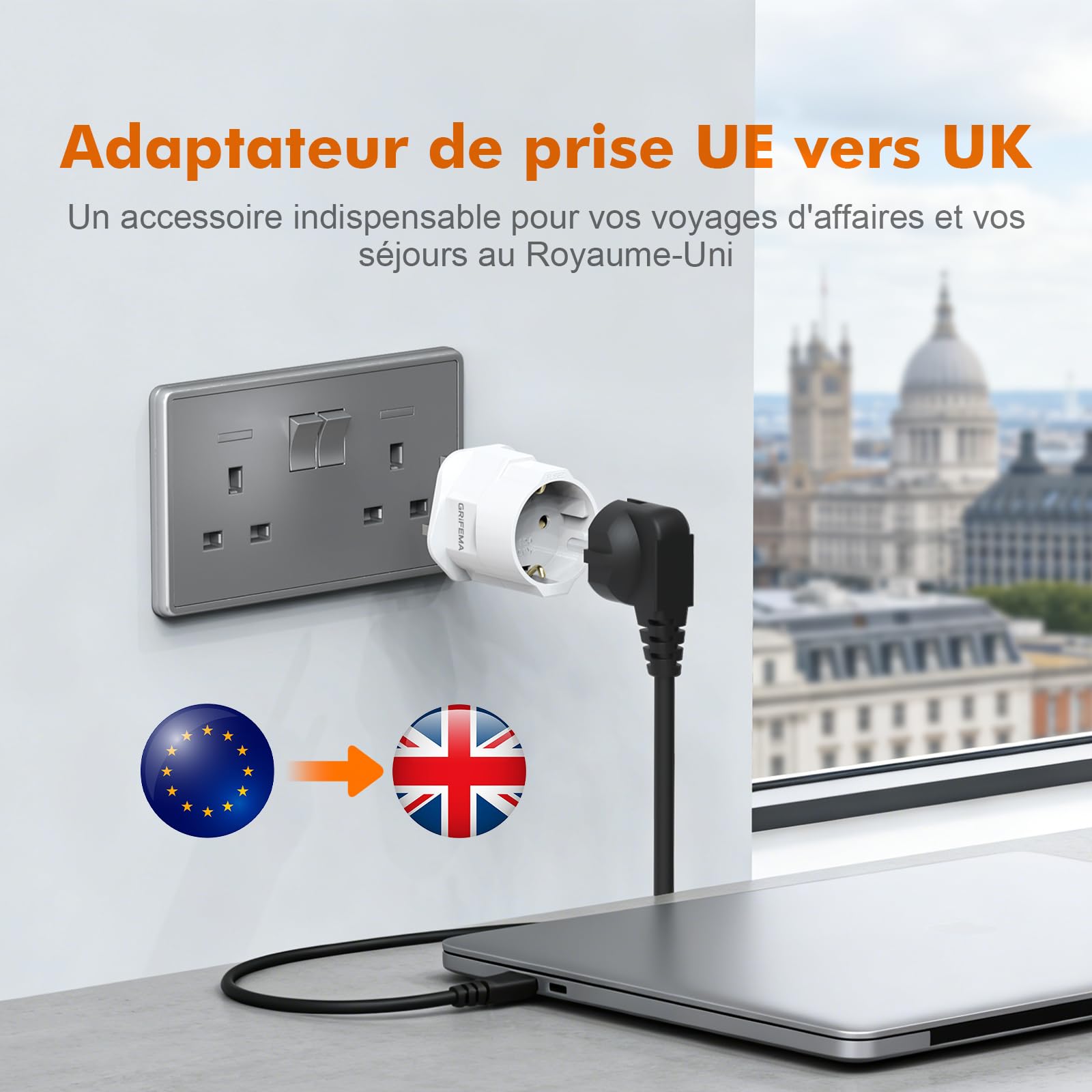GRIFEMA Adaptateur Prise Anglaise avec Fusible 13A, Adaptateur Voyage France vers UK Type G pour Londres Angleterre Irlande Dubaï, Convertisseur Prise 2 Broches Europe vers 3 Broches UK, Lot de 2